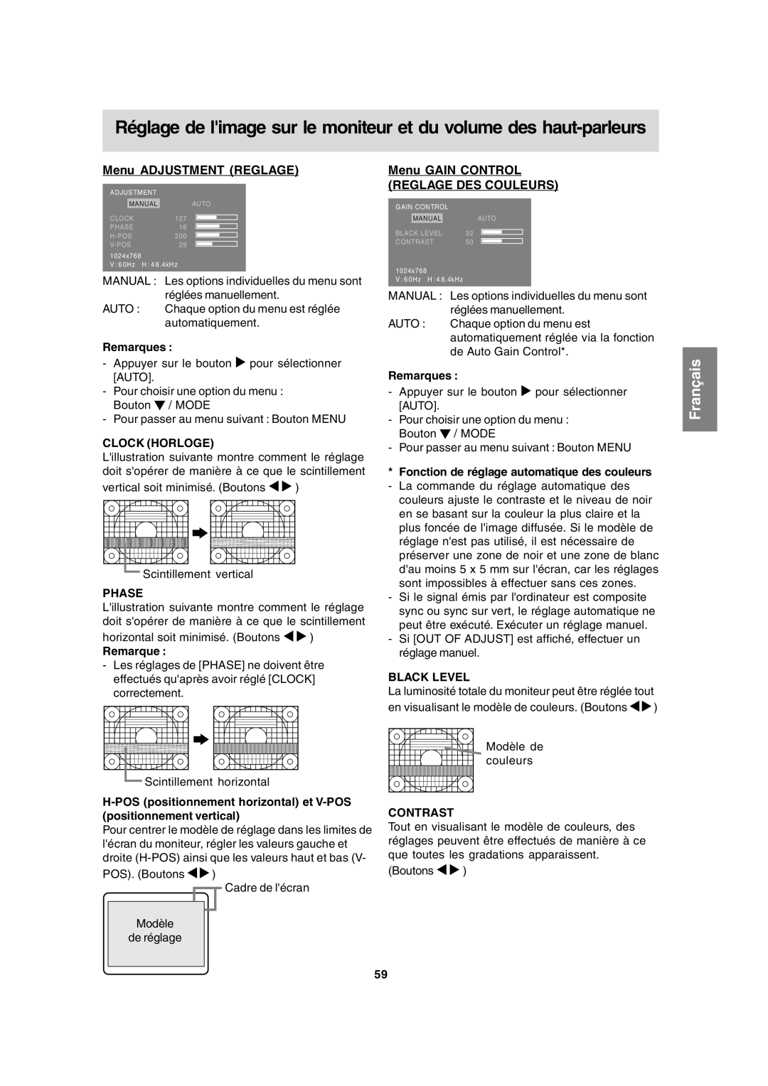 Sharp LL-T15A4 operation manual Menu Adjustment Reglage, Menu Gain Control Reglage DES Couleurs 