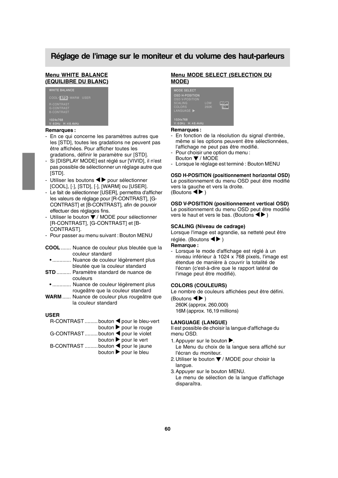 Sharp LL-T15A4 Menu White Balance Equilibre DU Blanc, Menu Mode Select Selection DU Mode, Scaling Niveau de cadrage 