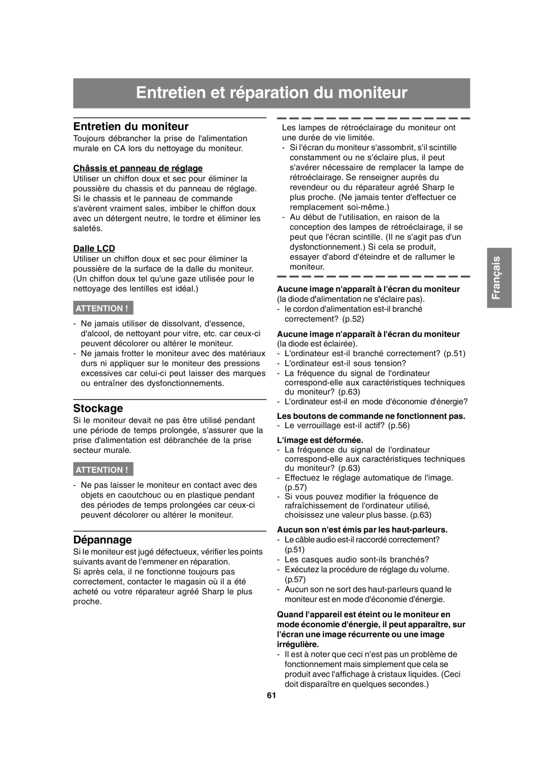 Sharp LL-T15A4 operation manual Entretien et réparation du moniteur, Entretien du moniteur, Stockage, Dépannage 