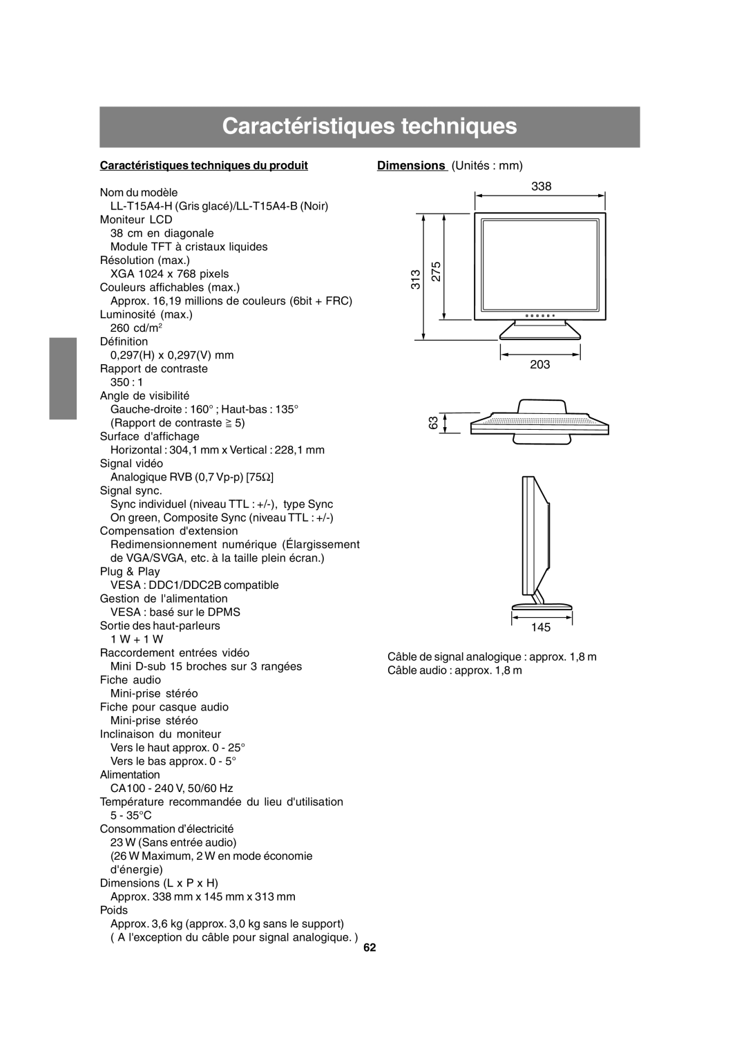 Sharp LL-T15A4 operation manual Caractéristiques techniques du produit 