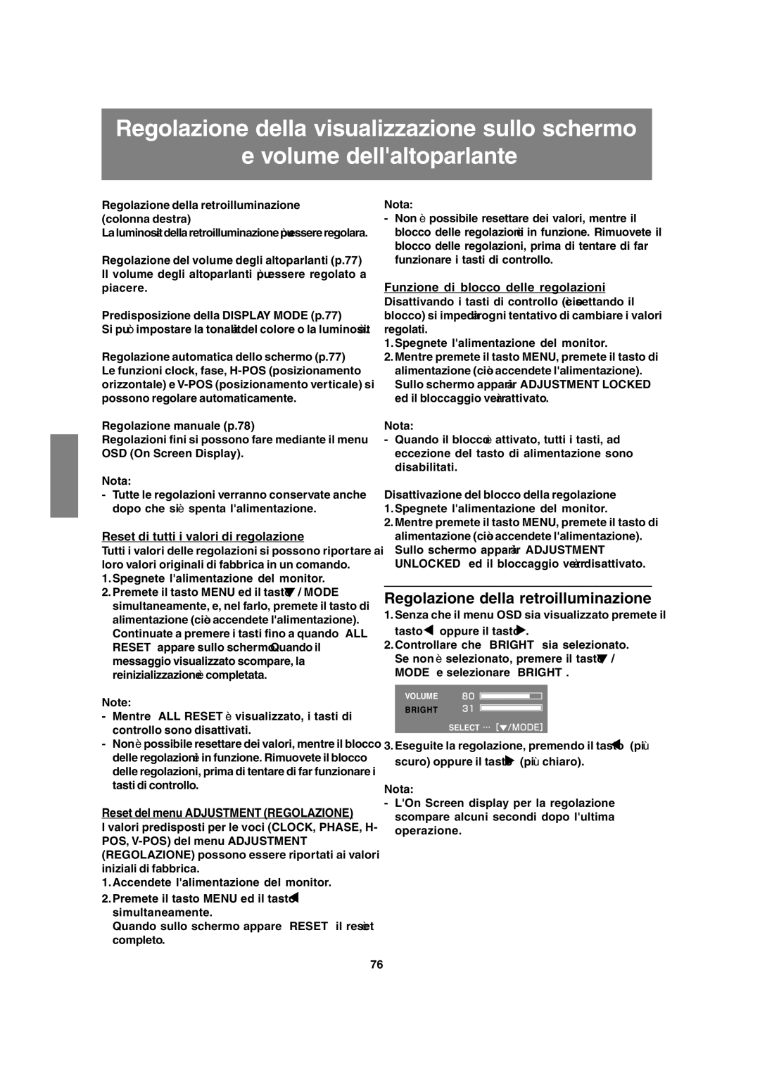 Sharp LL-T15A4 operation manual Regolazione della retroilluminazione, Reset di tutti i valori di regolazione 