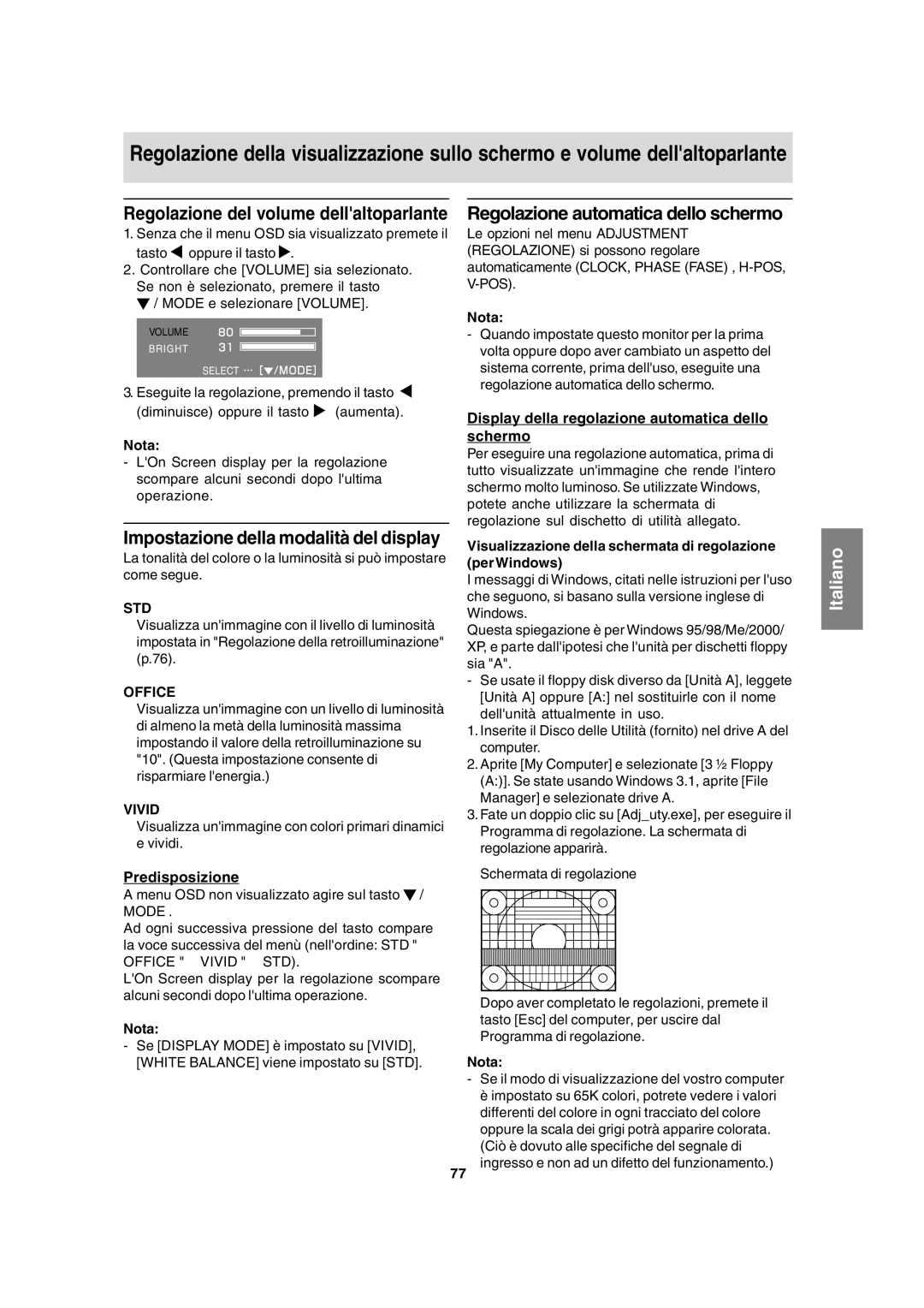 Sharp LL-T15A4 Regolazione automatica dello schermo, Display della regolazione automatica dello schermo, Predisposizione 