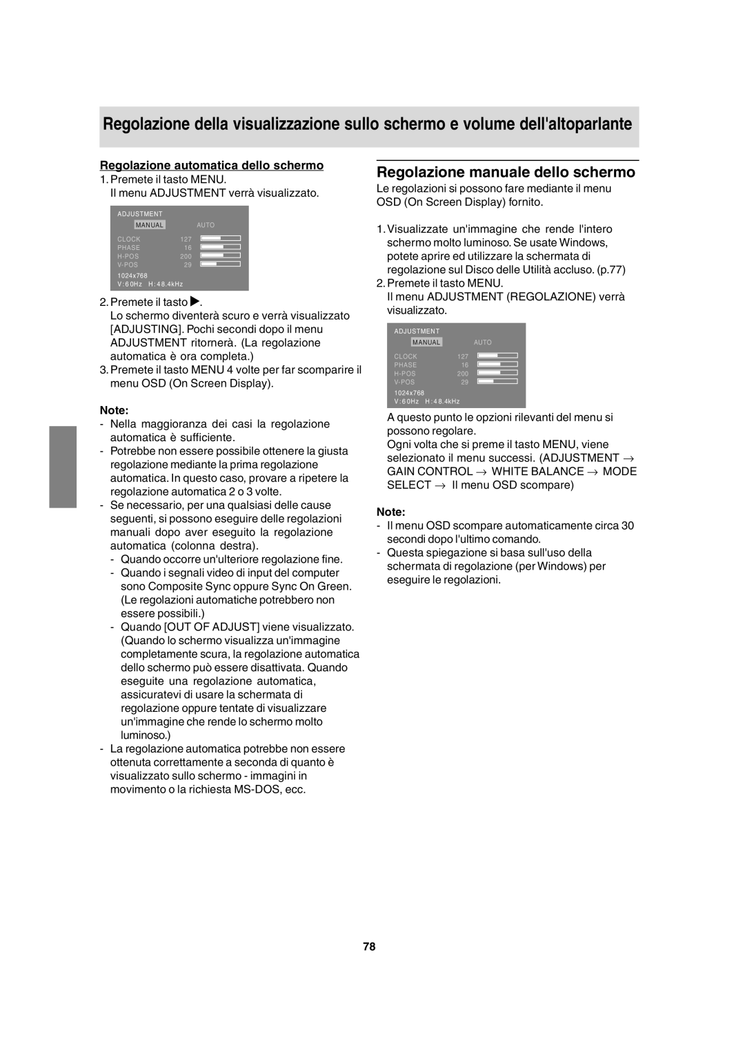 Sharp LL-T15A4 operation manual Regolazione manuale dello schermo, Regolazione automatica dello schermo 