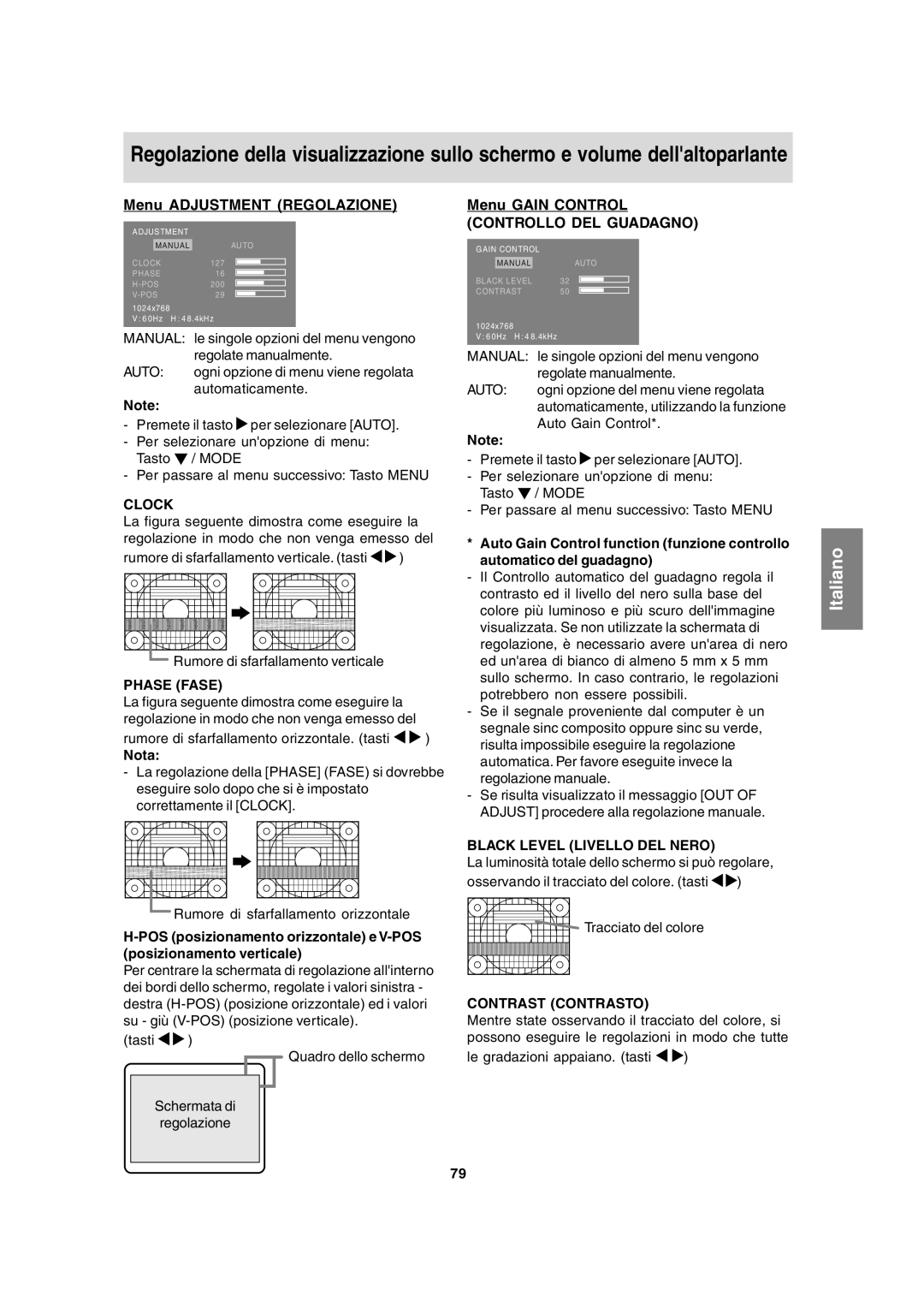 Sharp LL-T15A4 operation manual Menu Adjustment Regolazione, Menu Gain Control 