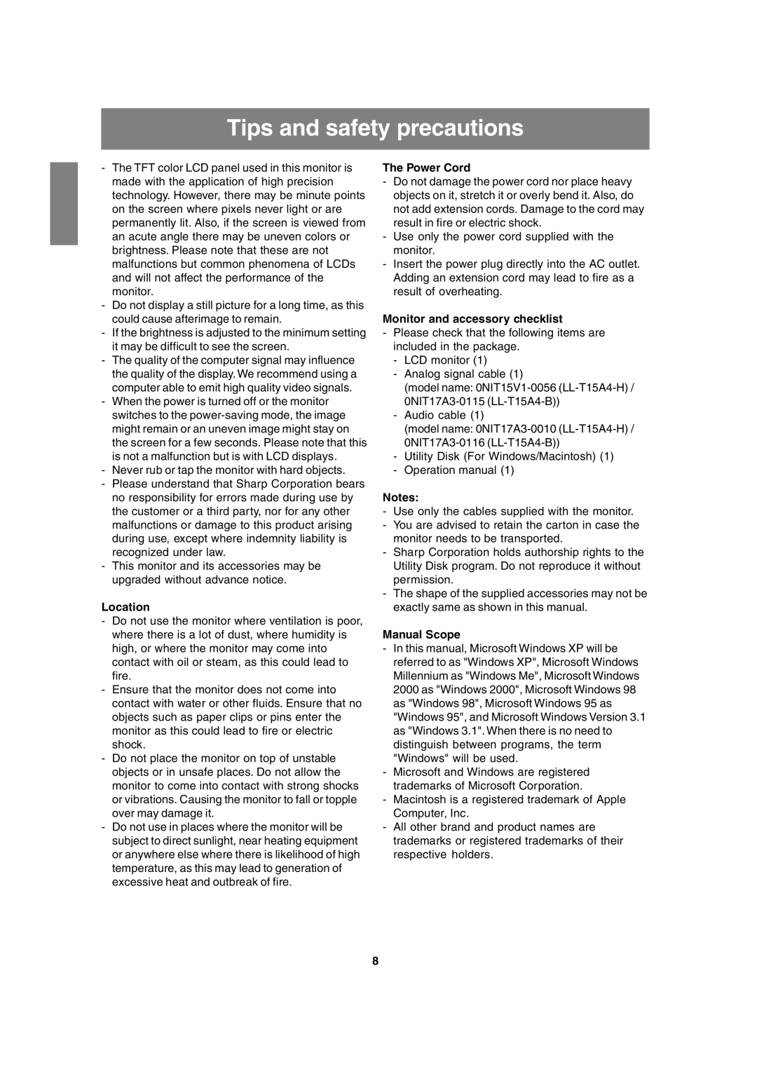 Sharp LL-T15A4 Tips and safety precautions, Location, Power Cord, Monitor and accessory checklist, Manual Scope 