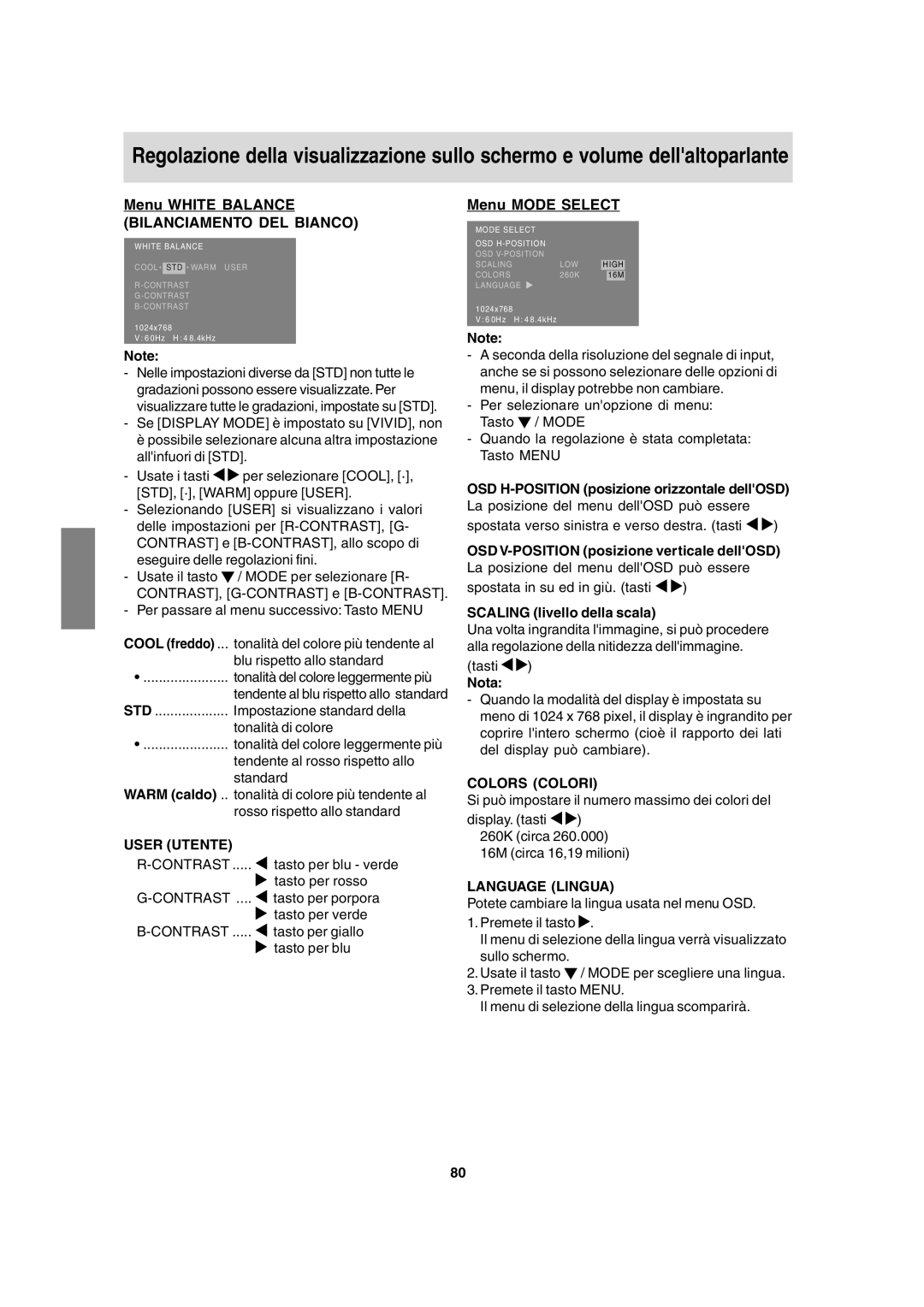 Sharp LL-T15A4 operation manual Menu White Balance, Menu Mode Select, Scaling livello della scala 