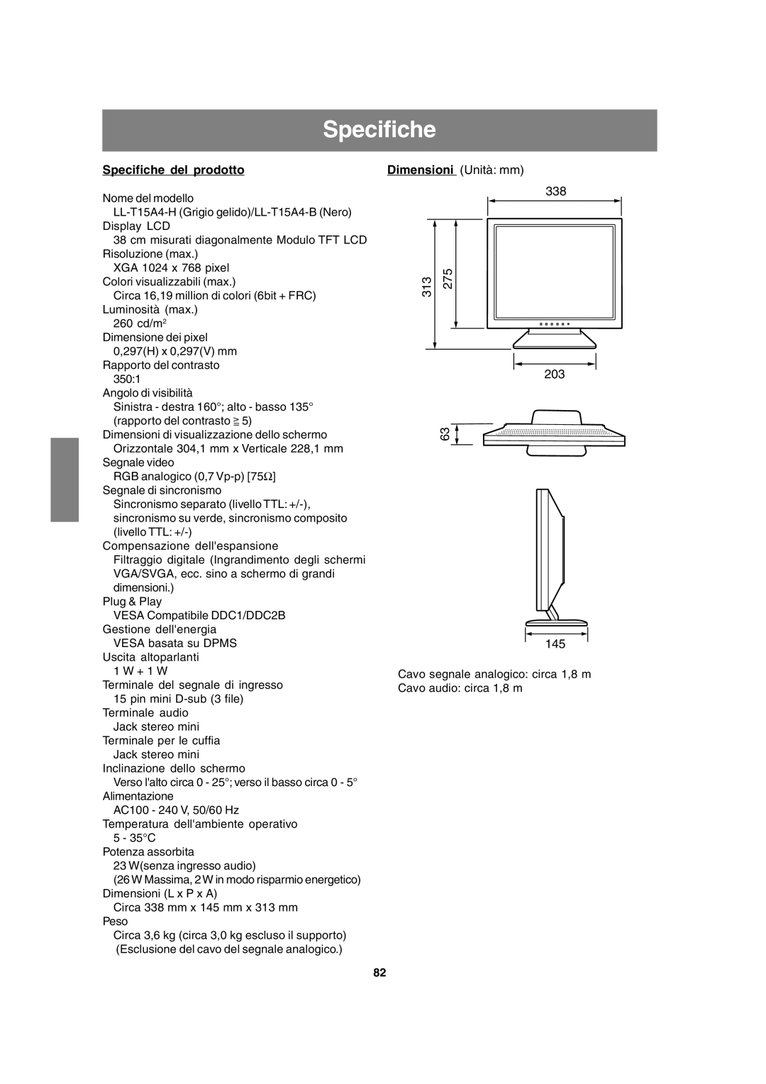 Sharp LL-T15A4 operation manual Specifiche del prodotto 