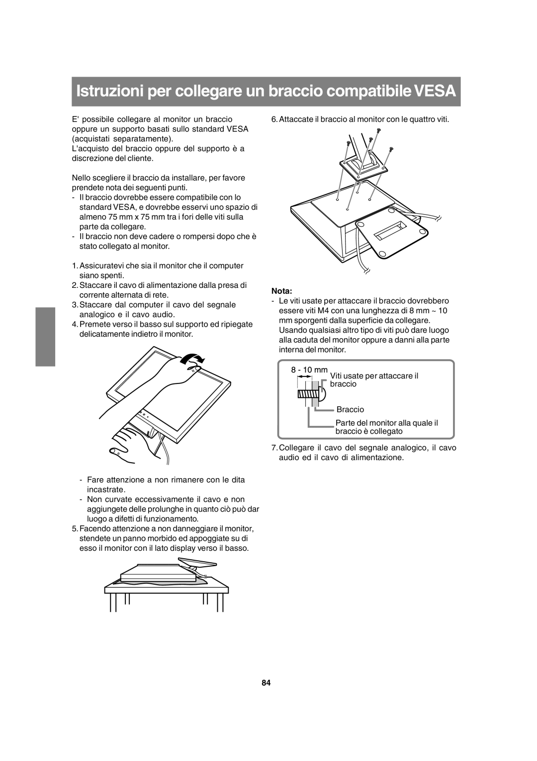 Sharp LL-T15A4 operation manual Istruzioni per collegare un braccio compatibile Vesa, Nota 