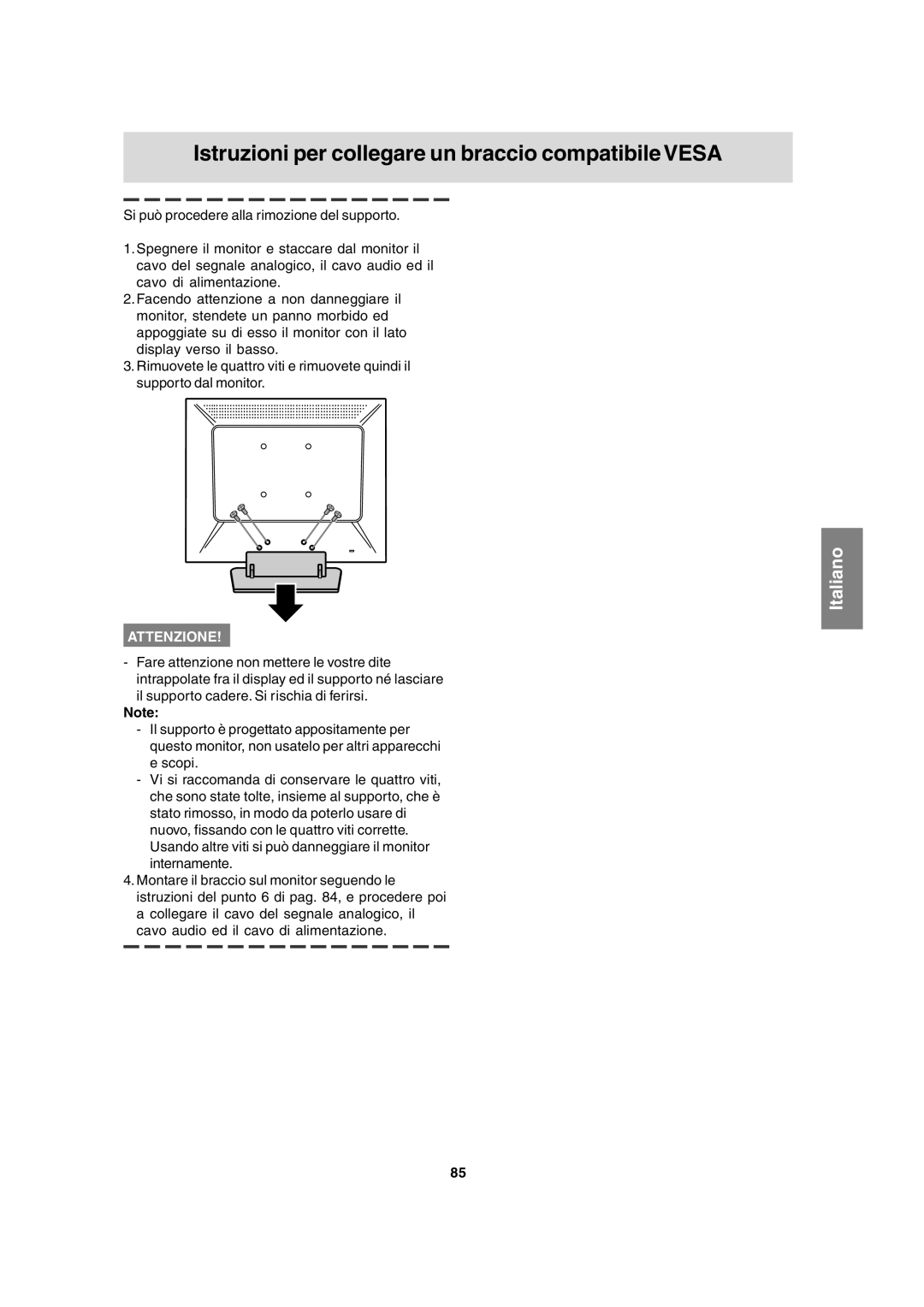 Sharp LL-T15A4 operation manual Istruzioni per collegare un braccio compatibile Vesa 