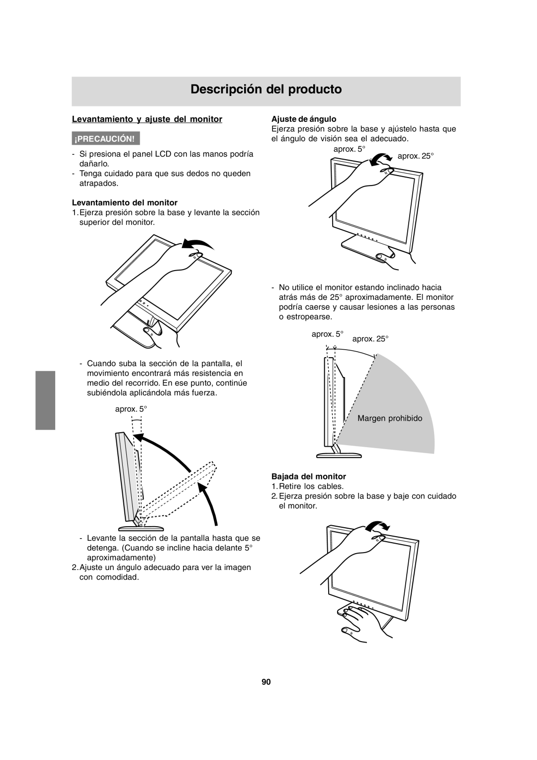 Sharp LL-T15A4 Descripción del producto, Levantamiento y ajuste del monitor, Levantamiento del monitor, Ajuste de ángulo 