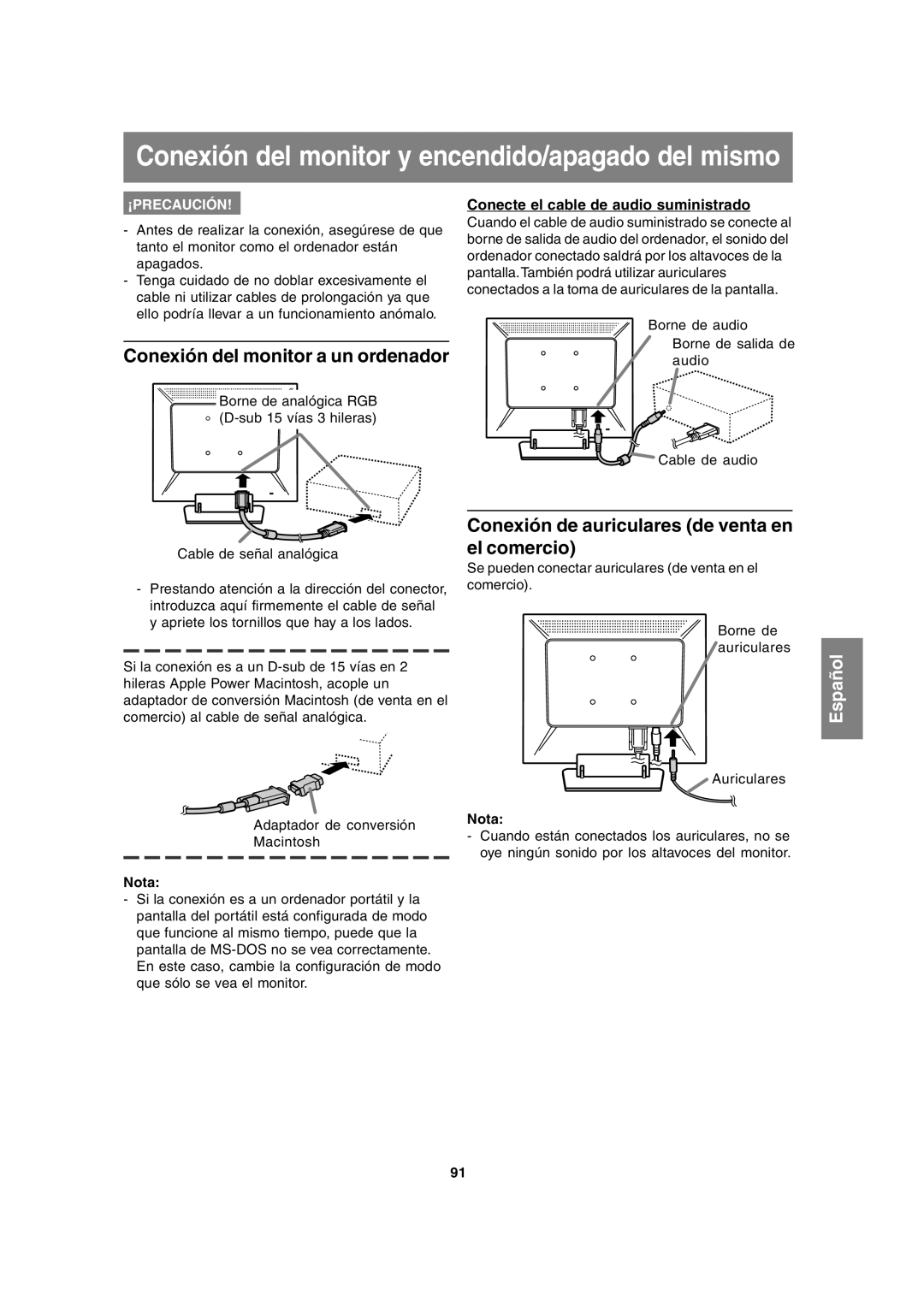 Sharp LL-T15A4 operation manual Conexión del monitor a un ordenador, Conexión de auriculares de venta en el comercio 