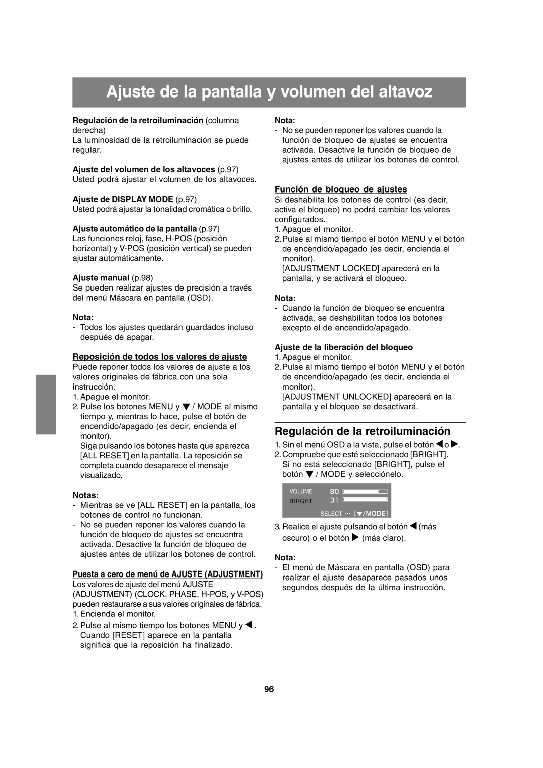 Sharp LL-T15A4 operation manual Ajuste de la pantalla y volumen del altavoz, Regulación de la retroiluminación 