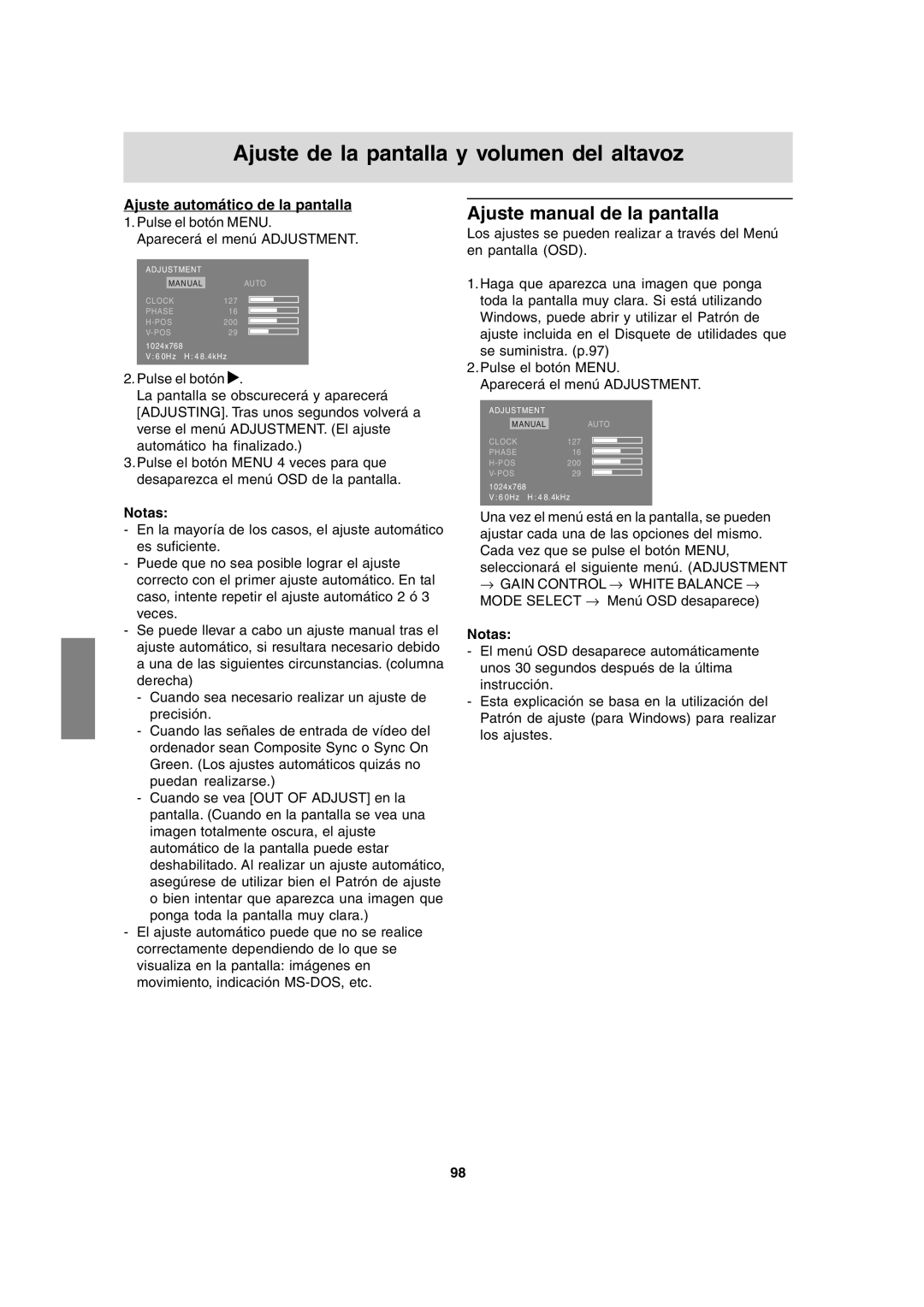 Sharp LL-T15A4 operation manual Ajuste manual de la pantalla, Ajuste automático de la pantalla 