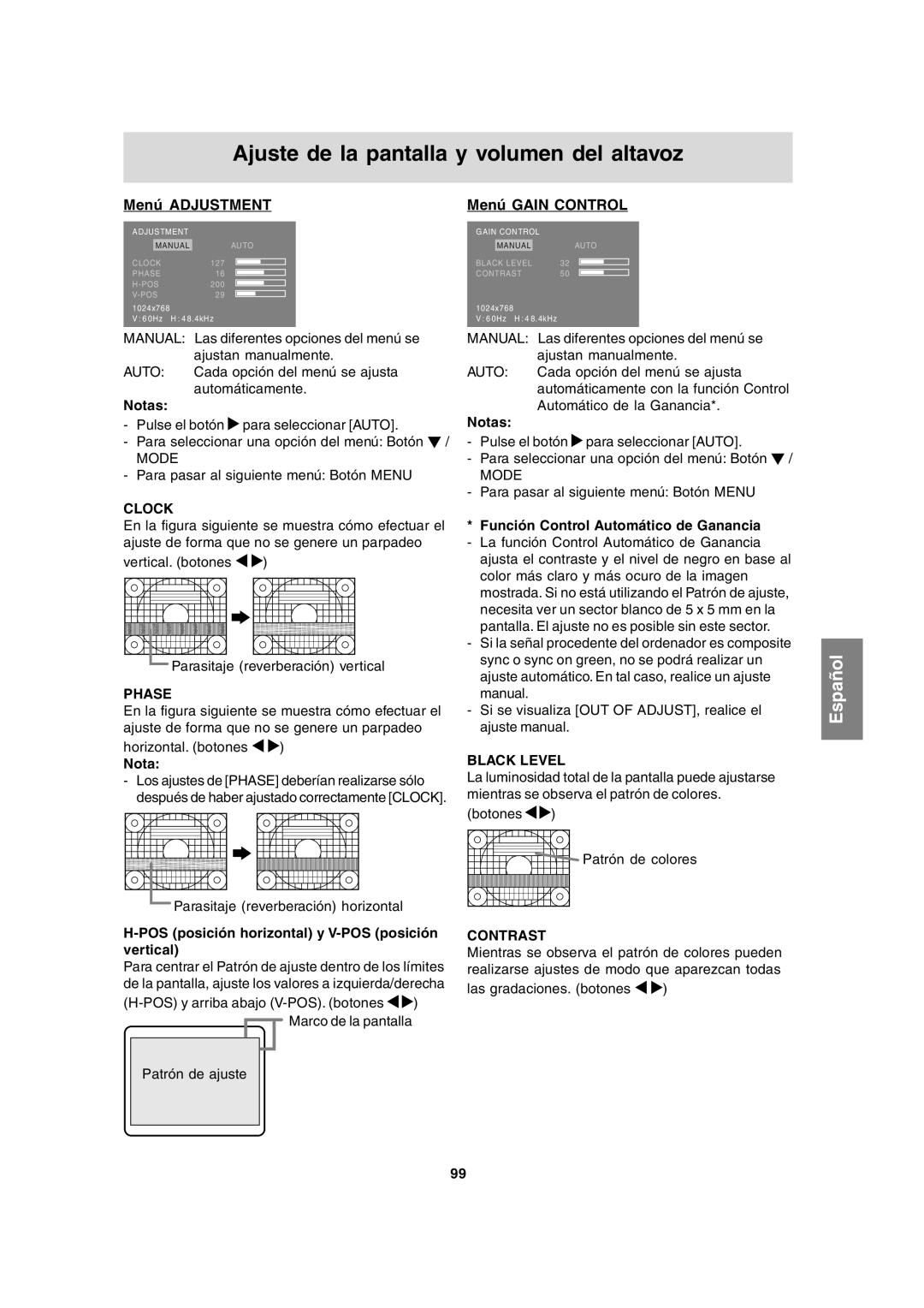 Sharp LL-T15A4 operation manual Menú Adjustment Menú Gain Control, POS posición horizontal y V-POS posición vertical 