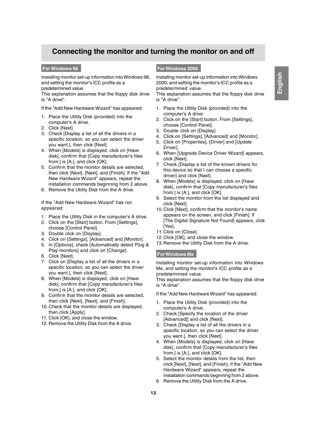 Sharp LL-T15A4 operation manual For Windows Me, Connecting the monitor and turning the monitor on and off, English 