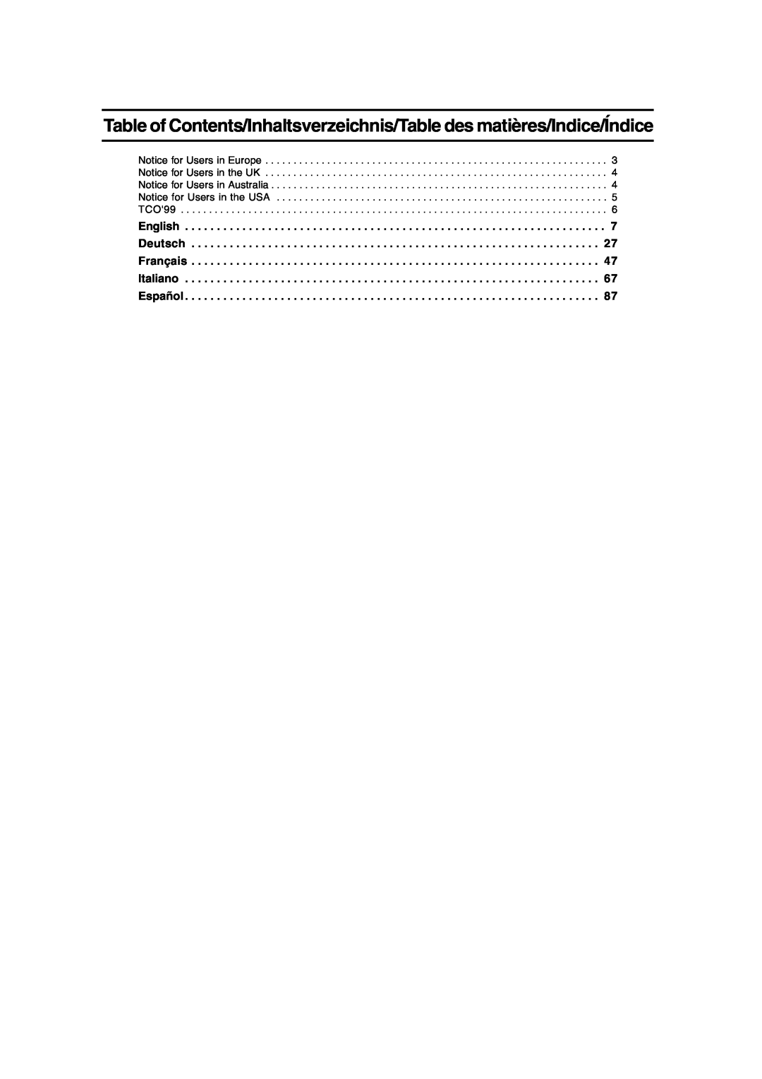 Sharp LL-T15A4 operation manual Table of Contents/Inhaltsverzeichnis/Table des matières/Indice/Índice 
