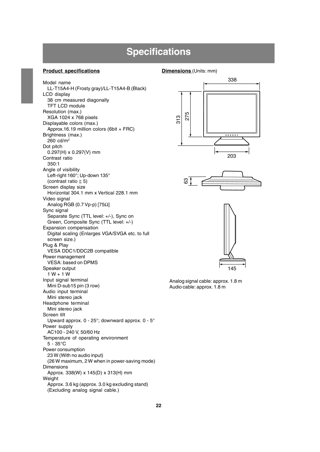 Sharp LL-T15A4 operation manual Specifications, Product specifications 