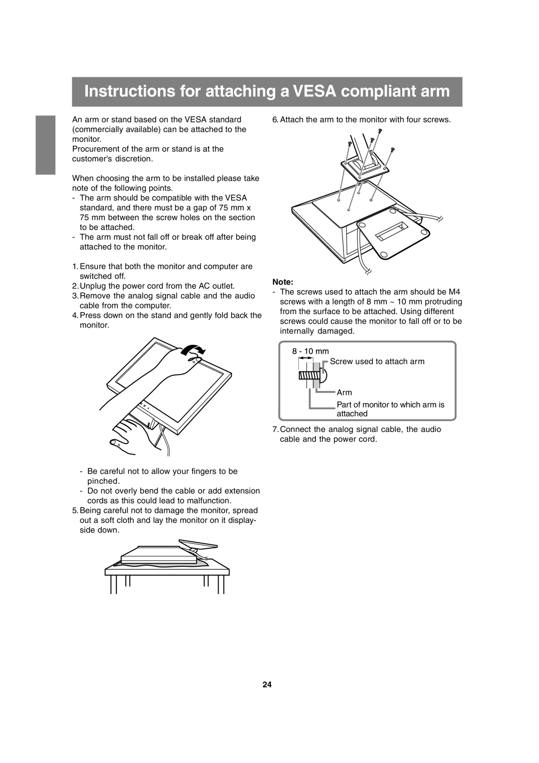 Sharp LL-T15A4 operation manual Instructions for attaching a VESA compliant arm 