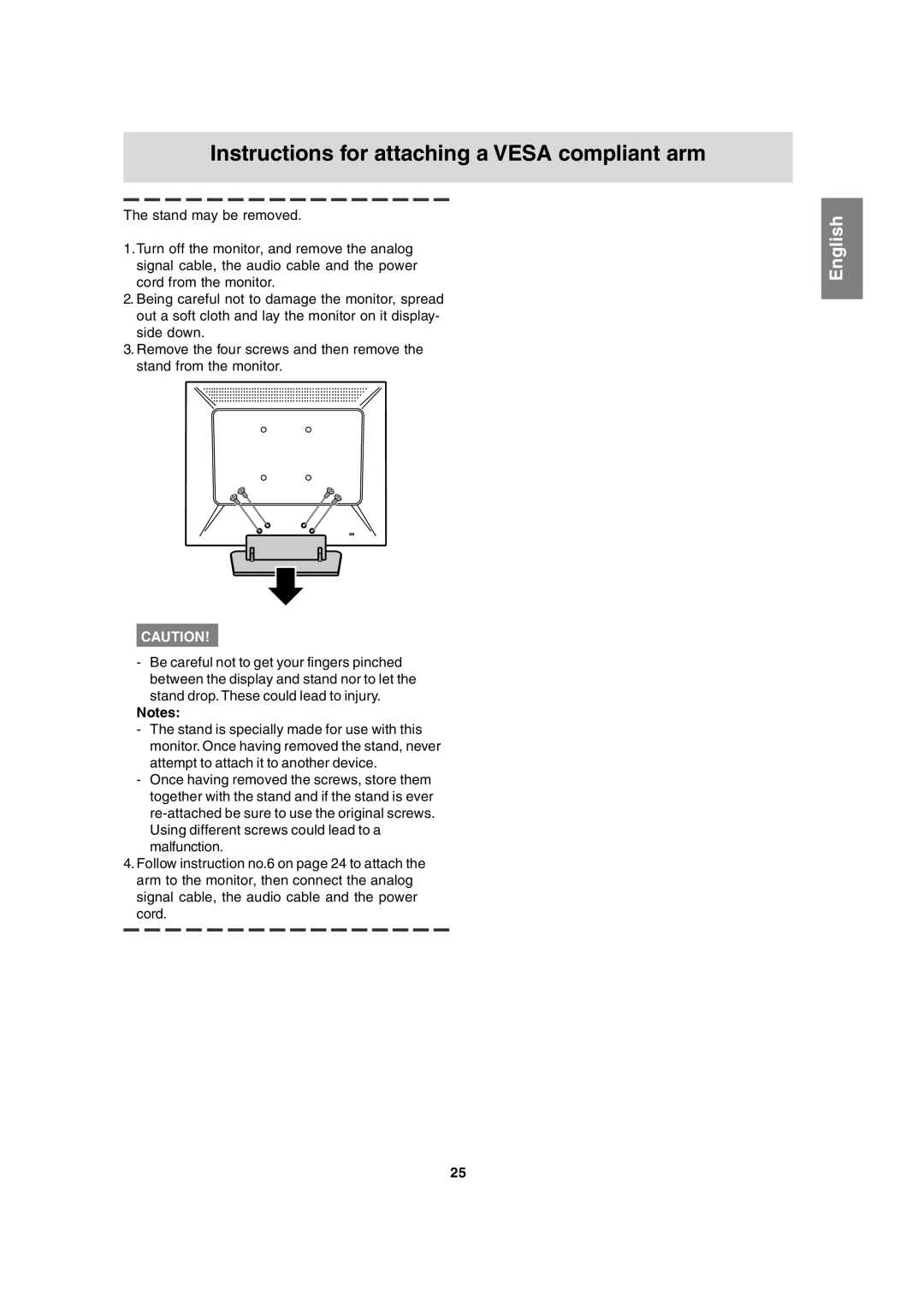 Sharp LL-T15A4 operation manual Instructions for attaching a VESA compliant arm, English 