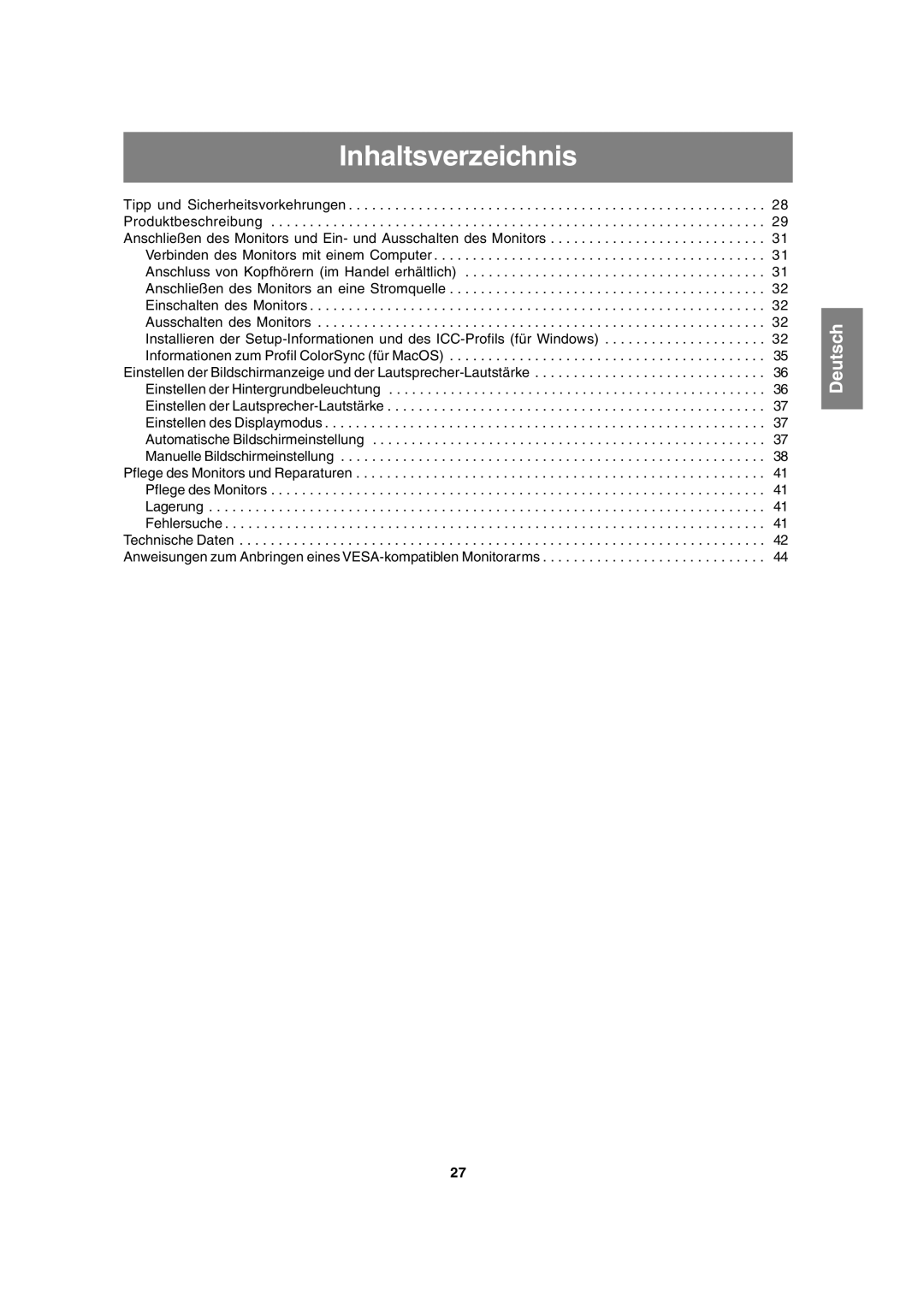 Sharp LL-T15A4 operation manual Inhaltsverzeichnis, Deutsch 