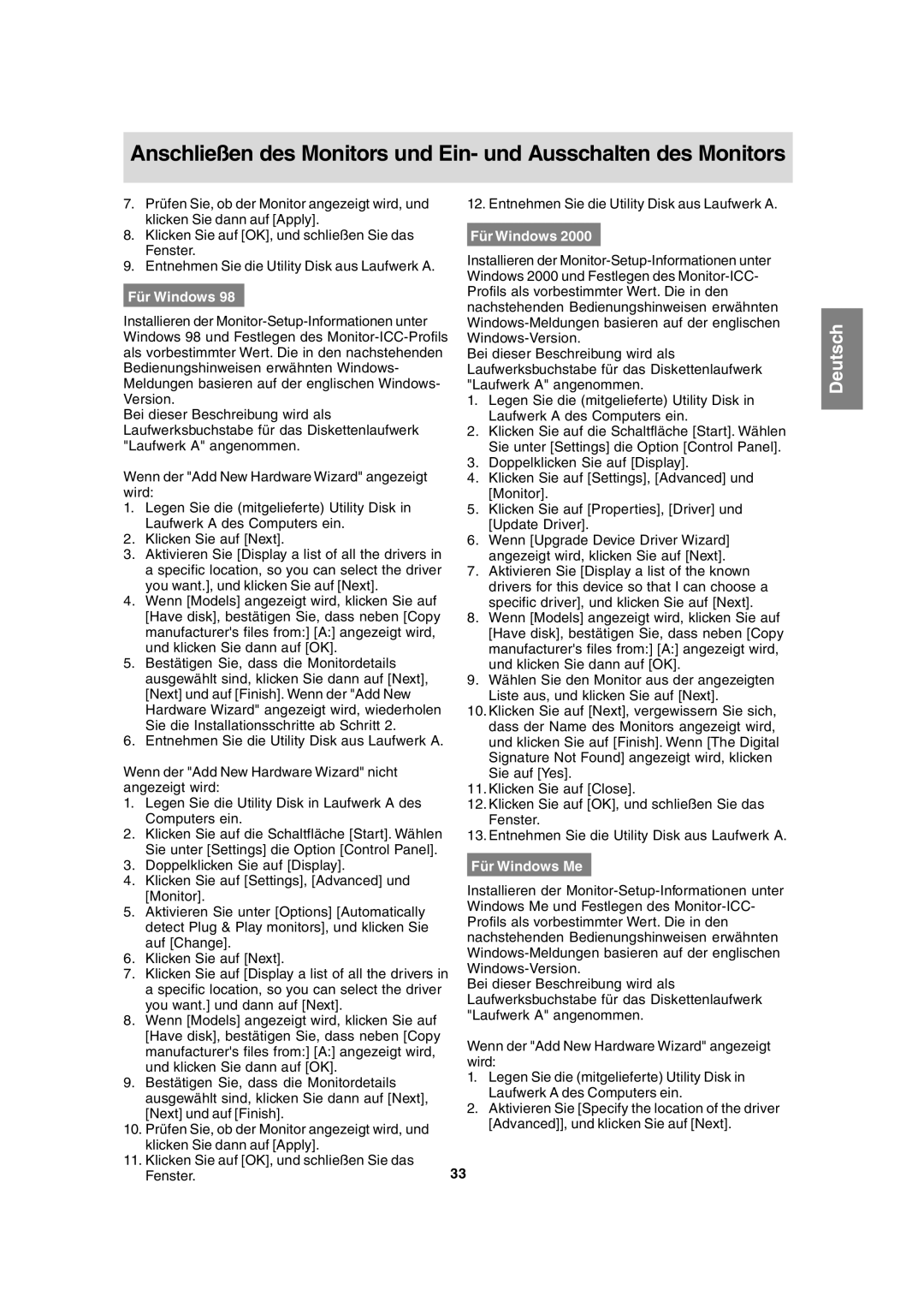 Sharp LL-T15A4 operation manual Für Windows Me, Anschließen des Monitors und Ein- und Ausschalten des Monitors, Deutsch 