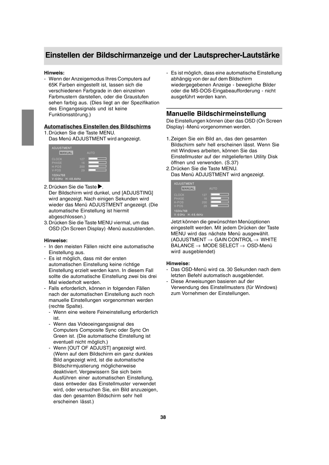 Sharp LL-T15A4 operation manual Manuelle Bildschirmeinstellung, Automatisches Einstellen des Bildschirms, Hinweise 