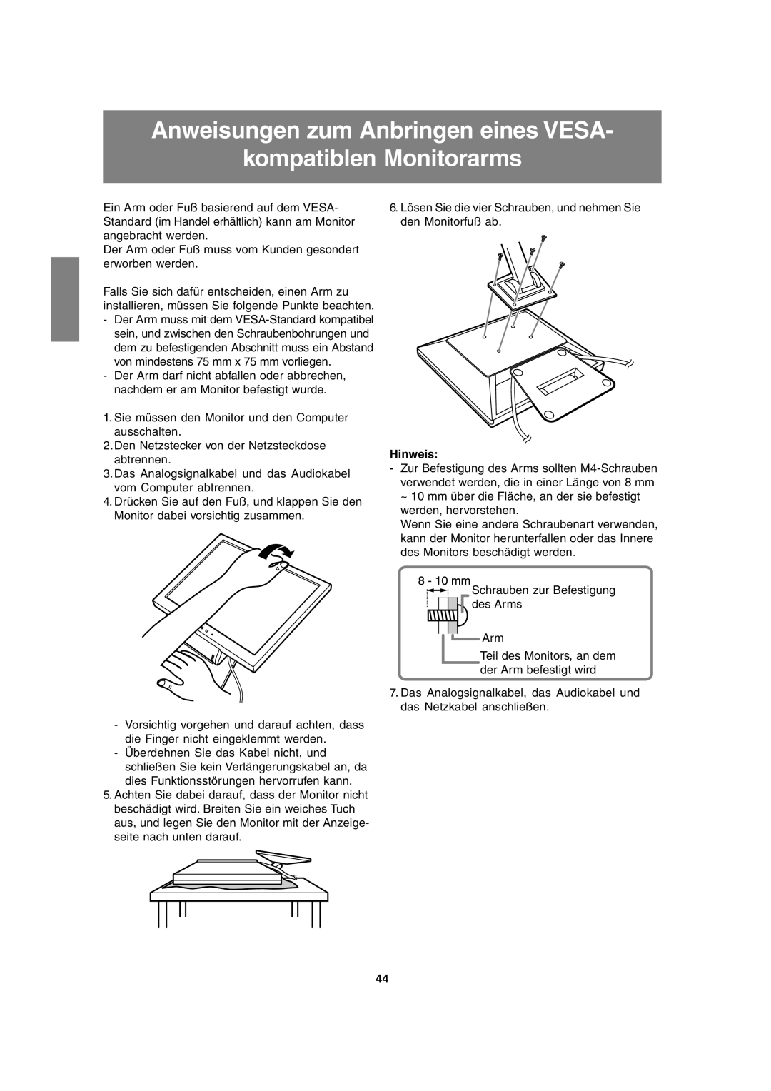 Sharp LL-T15A4 operation manual Anweisungen zum Anbringen eines VESA kompatiblen Monitorarms, Hinweis 
