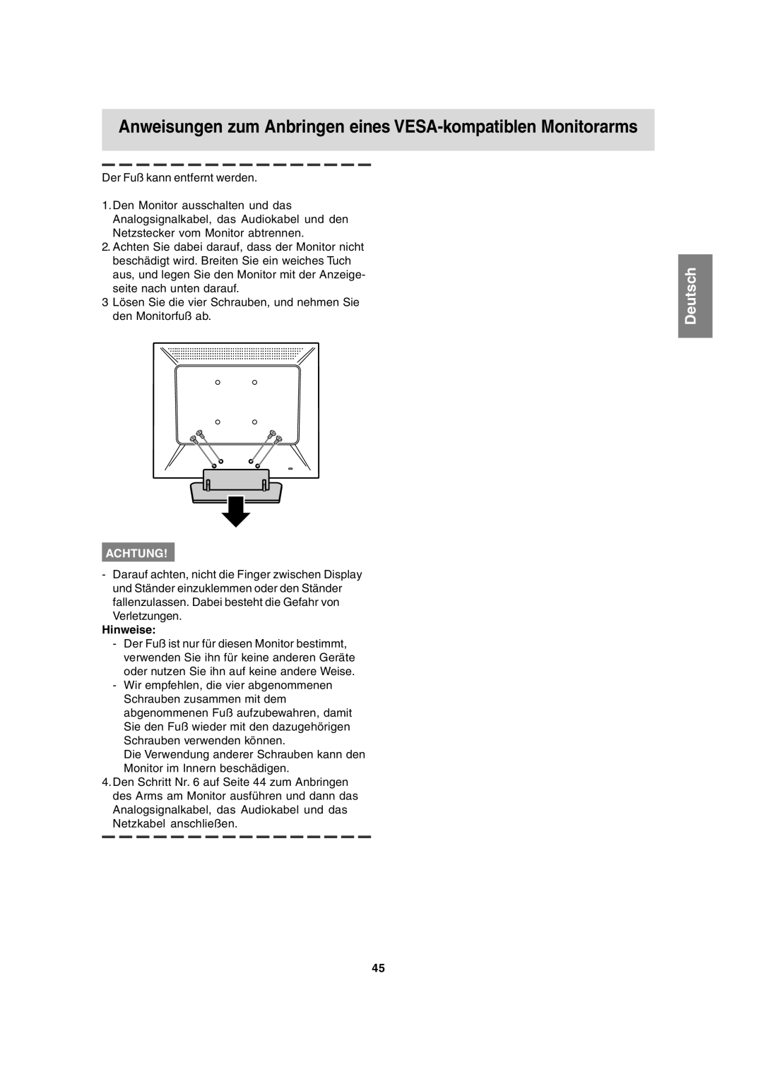 Sharp LL-T15A4 operation manual Anweisungen zum Anbringen eines VESA-kompatiblen Monitorarms, Deutsch, Achtung, Hinweise 