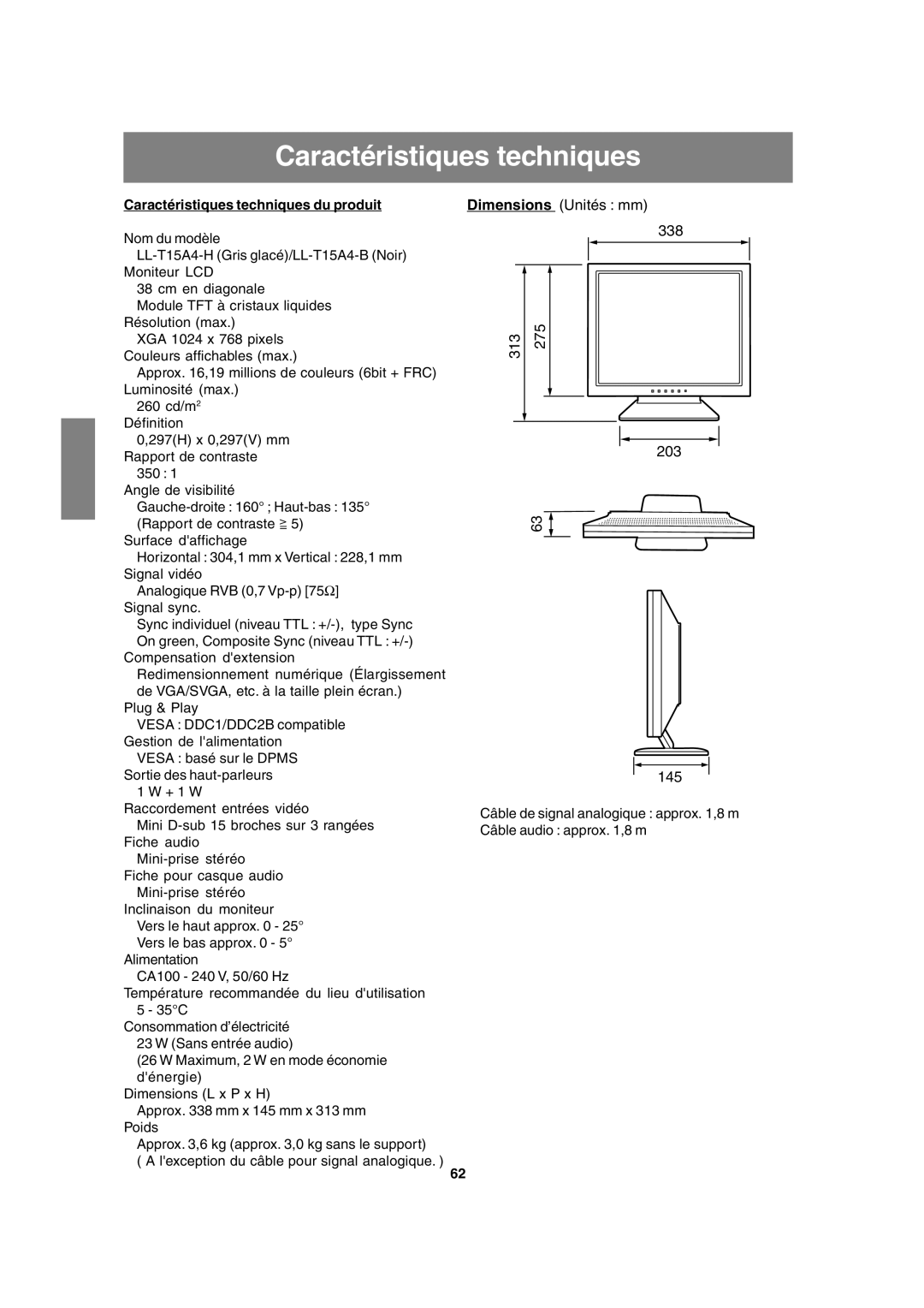 Sharp LL-T15A4 operation manual Dimensions Unités mm 338, Caractéristiques techniques du produit 