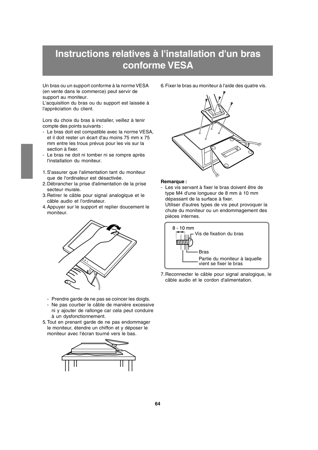 Sharp LL-T15A4 operation manual Instructions relatives à linstallation dun bras conforme VESA, Remarque 