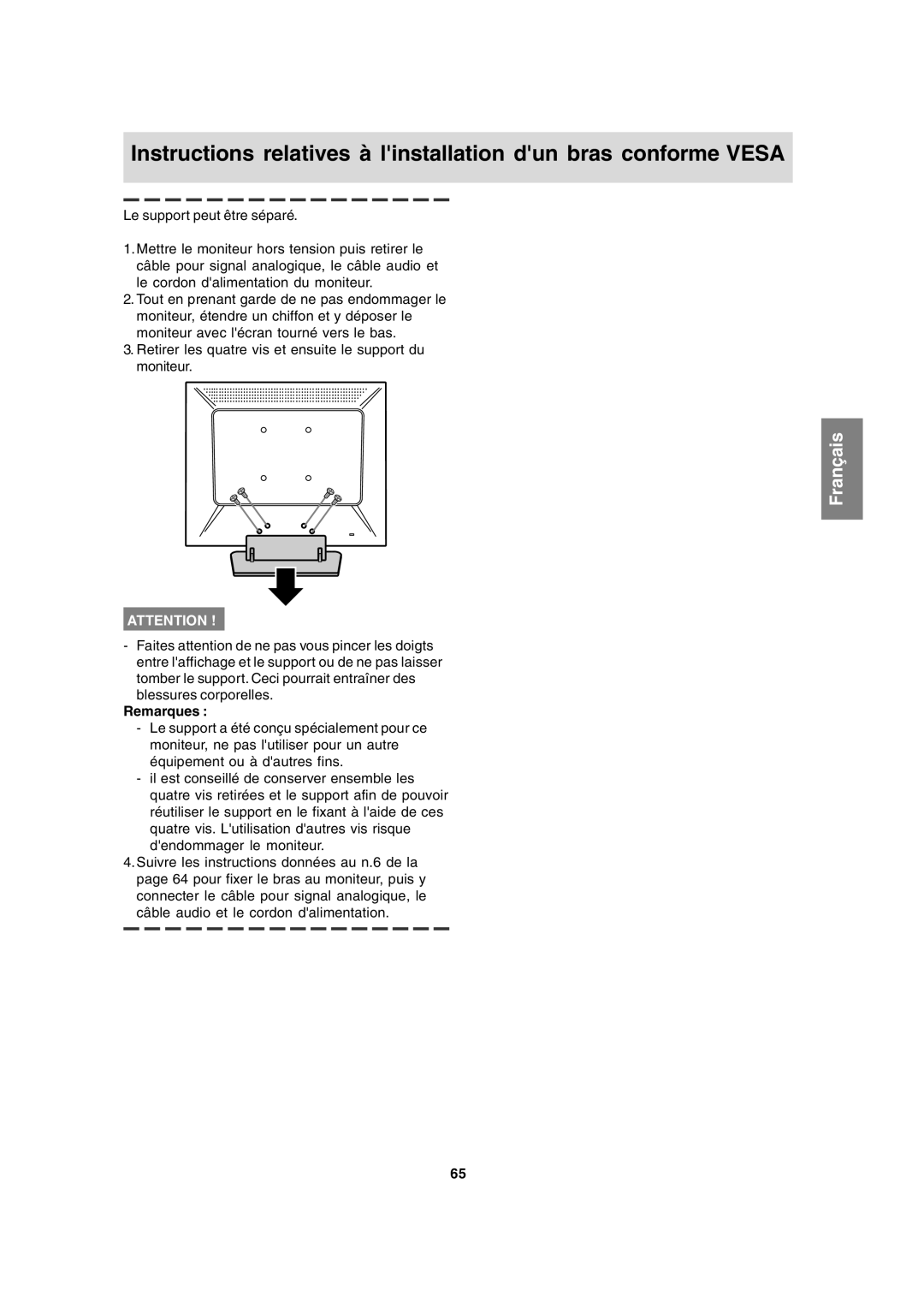 Sharp LL-T15A4 operation manual Instructions relatives à linstallation dun bras conforme VESA, Français, Remarques 