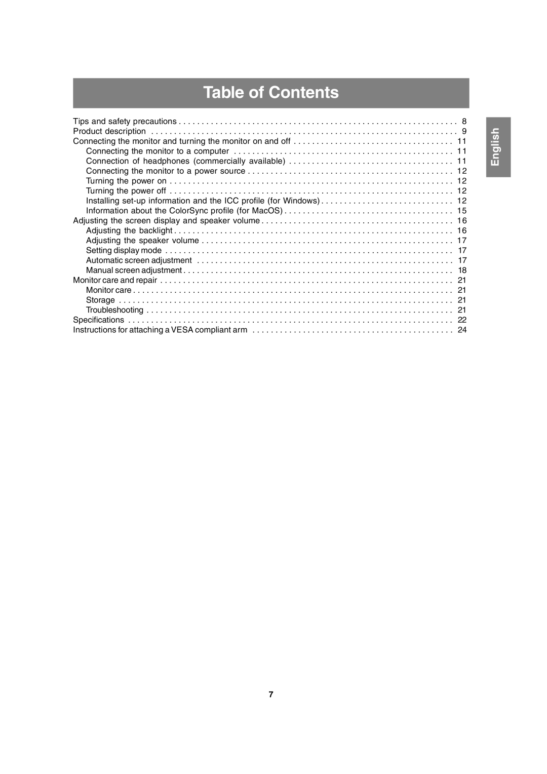 Sharp LL-T15A4 operation manual Table of Contents, English 