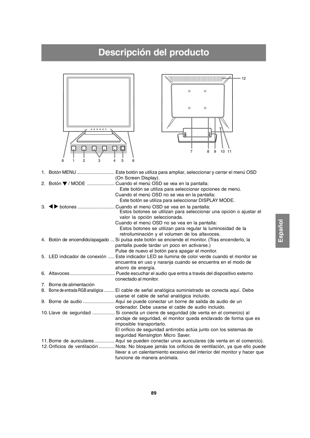 Sharp LL-T15A4 operation manual Descripción del producto, Español, Botón de encendido/apagado 