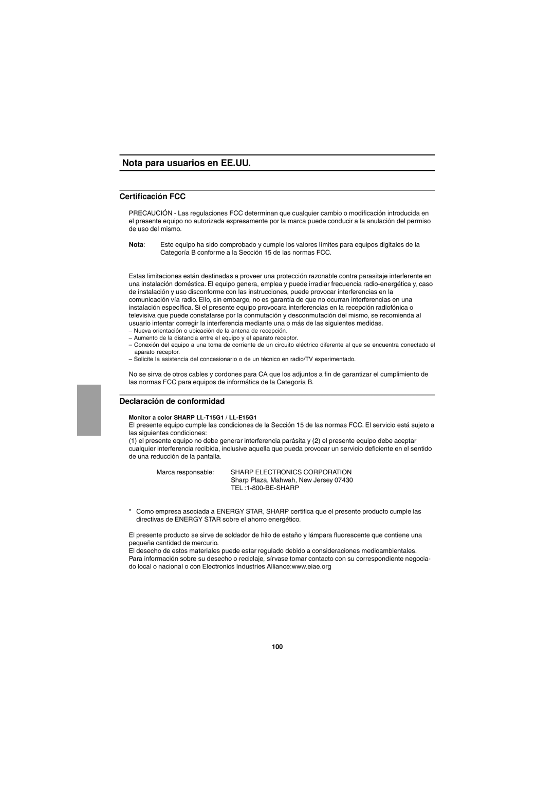 Sharp LL-T15G1, LL-E15G1 operation manual Nota para usuarios en EE.UU, Certificación FCC, Declaración de conformidad, 100 