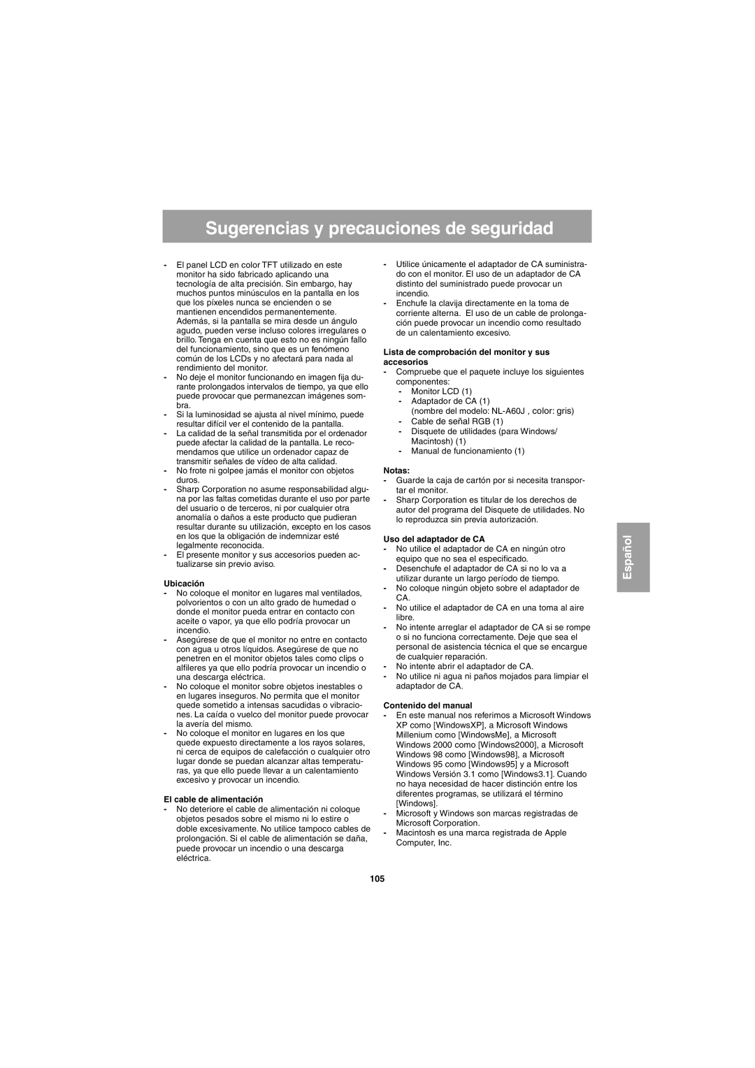 Sharp LL-E15G1, LL-T15G1 operation manual Sugerencias y precauciones de seguridad 