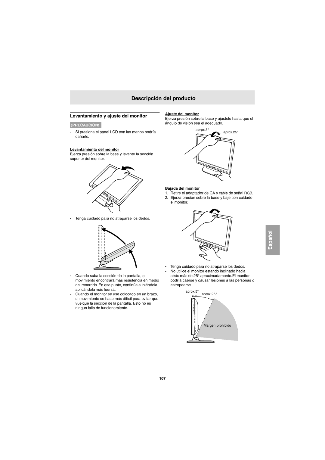 Sharp LL-E15G1, LL-T15G1 operation manual Descripción del producto, Levantamiento y ajuste del monitor 