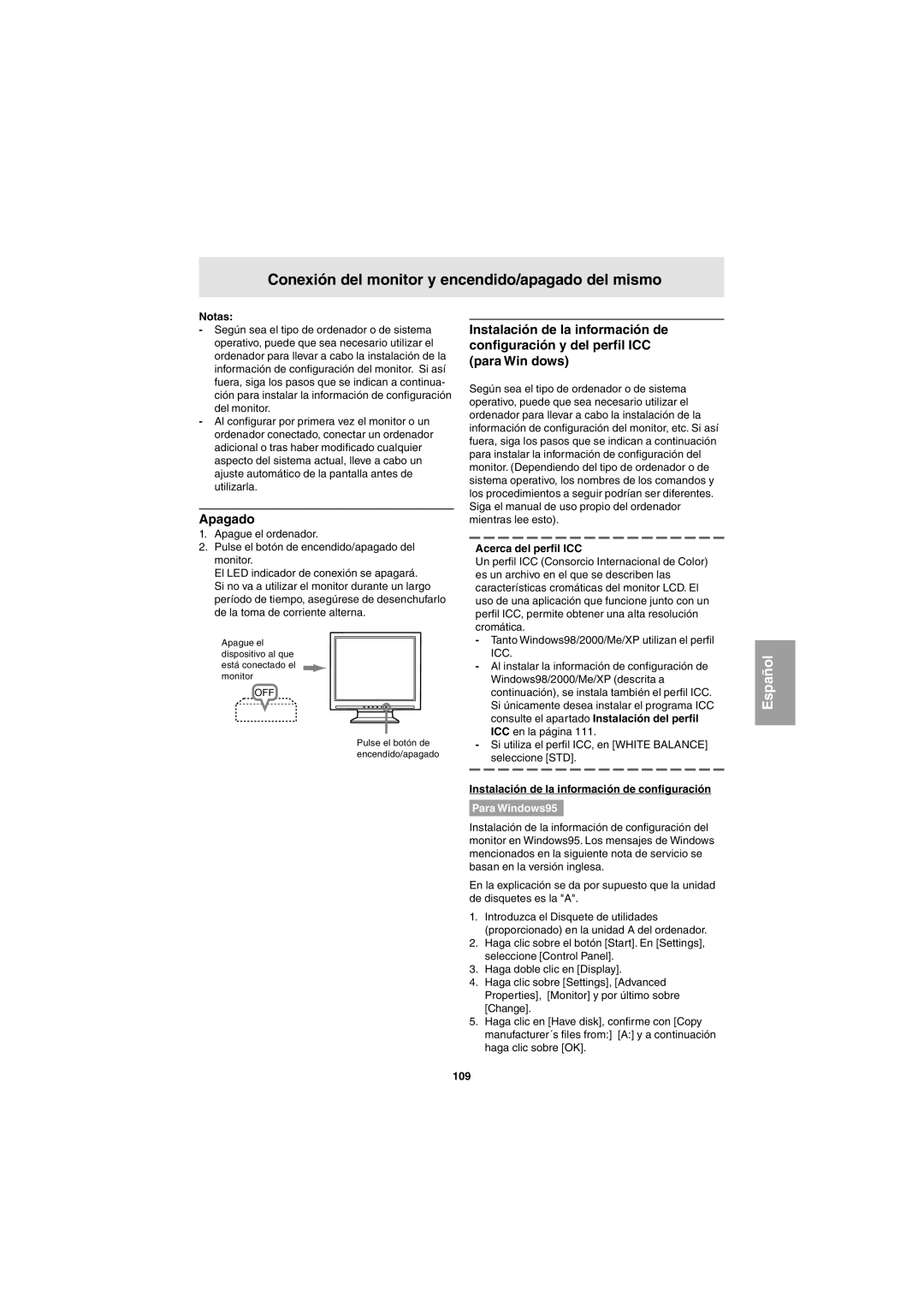 Sharp LL-E15G1, LL-T15G1 operation manual Conexión del monitor y encendido/apagado del mismo, Apagado, Para Windows95 