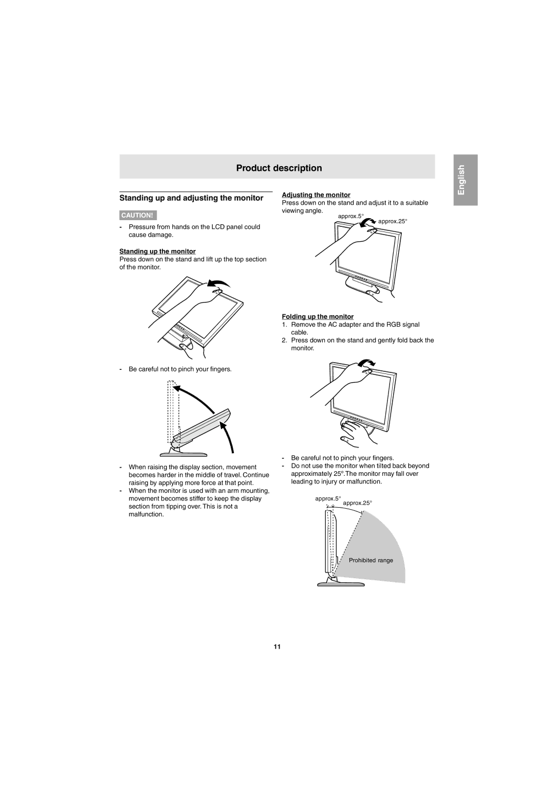 Sharp LL-E15G1 Product description, Standing up and adjusting the monitor, Adjusting the monitor, Standing up the monitor 