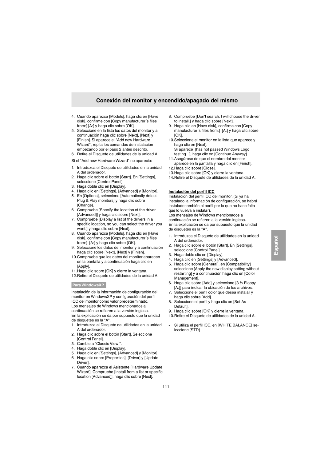 Sharp LL-E15G1, LL-T15G1 operation manual Para WindowsXP, Instalación del perfil ICC, 111 