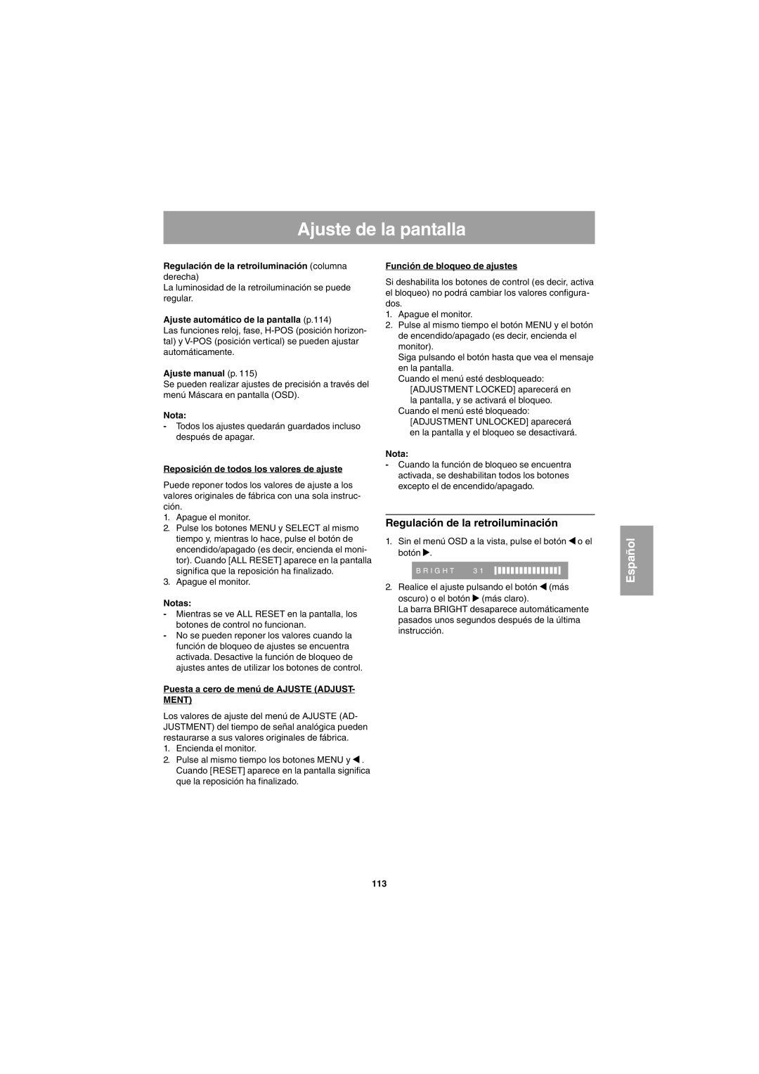 Sharp LL-E15G1, LL-T15G1 operation manual Ajuste de la pantalla, Regulación de la retroiluminación 