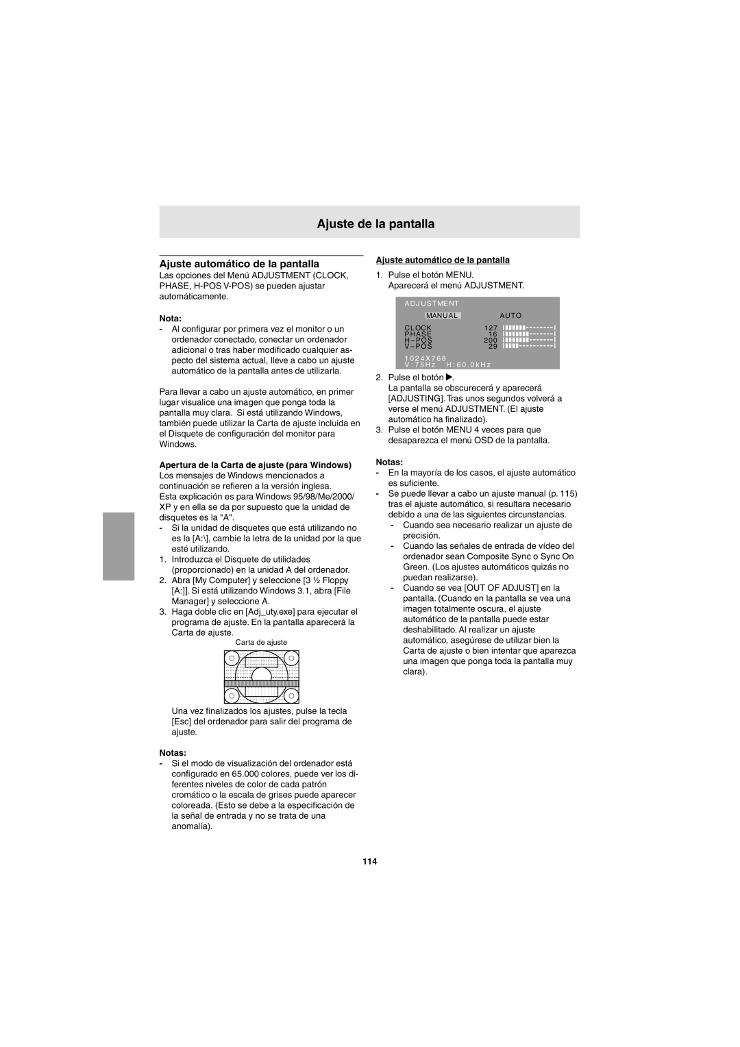 Sharp LL-T15G1, LL-E15G1 operation manual Ajuste de la pantalla, Ajuste automático de la pantalla, 114 