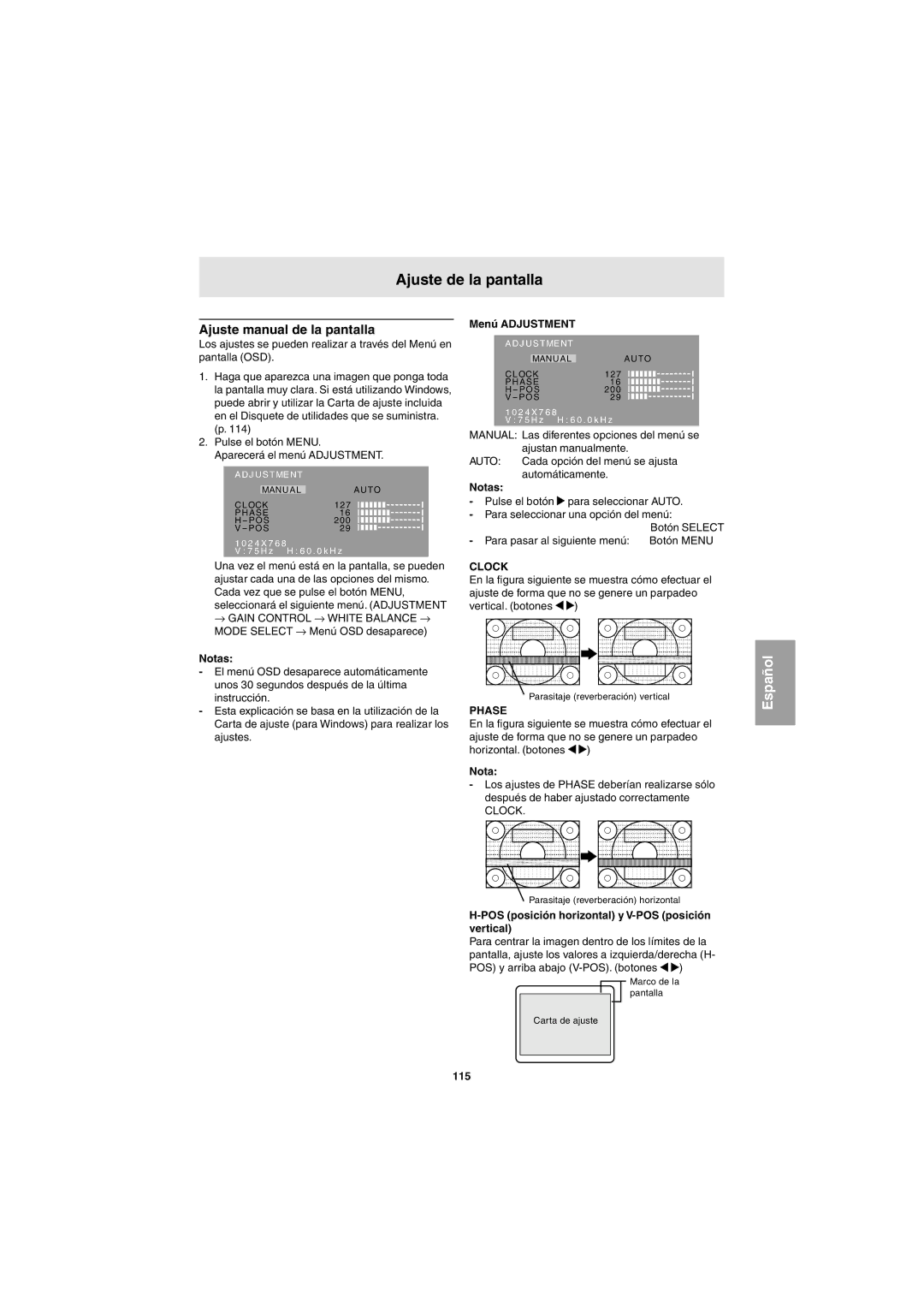 Sharp LL-E15G1 Ajuste manual de la pantalla, Menú Adjustment, POS posición horizontal y V-POS posición vertical, 115 