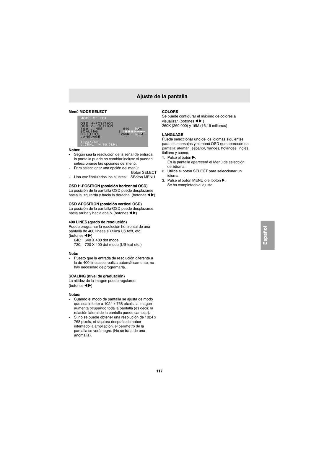 Sharp LL-E15G1, LL-T15G1 Menú Mode Select, OSD V-POSITION posición vertical OSD, Lines grado de resolución, 117 