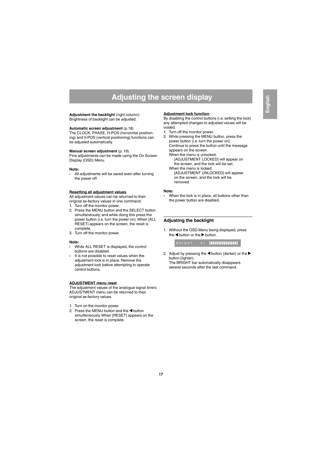 Sharp LL-E15G1, LL-T15G1 operation manual Adjusting the screen display, Adjusting the backlight 