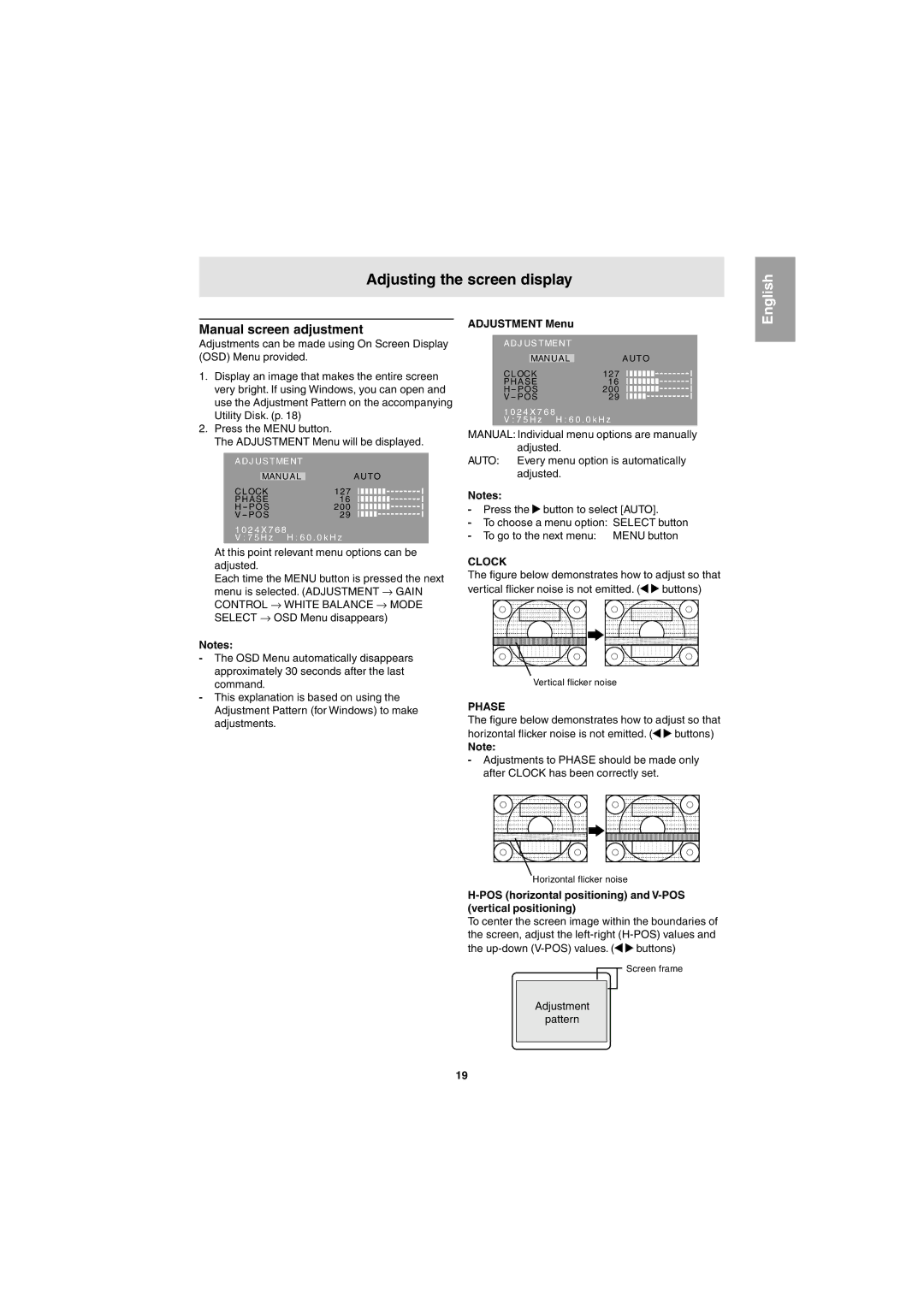 Sharp LL-E15G1, LL-T15G1 operation manual Manual screen adjustment, Adjustment Menu, Clock, Phase 