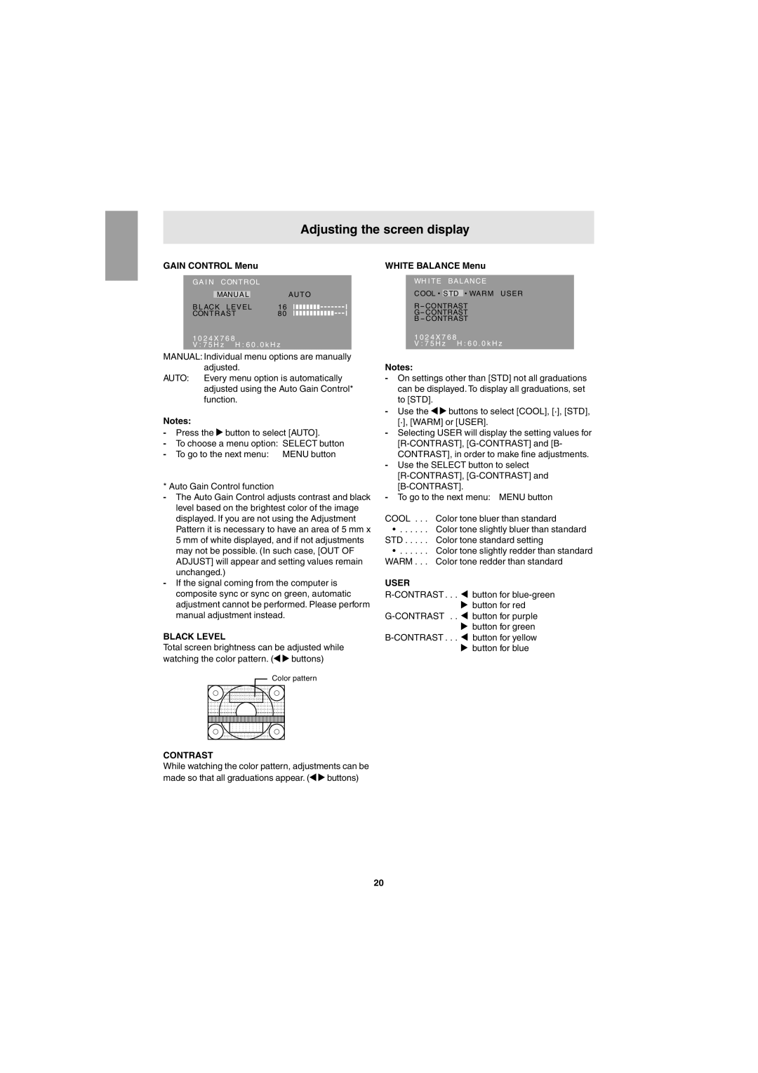 Sharp LL-T15G1, LL-E15G1 operation manual Gain Control Menu, Black Level, White Balance Menu, User, Contrast 