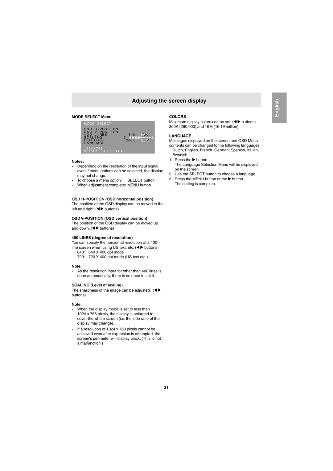 Sharp LL-E15G1, LL-T15G1 operation manual Colors, Language 