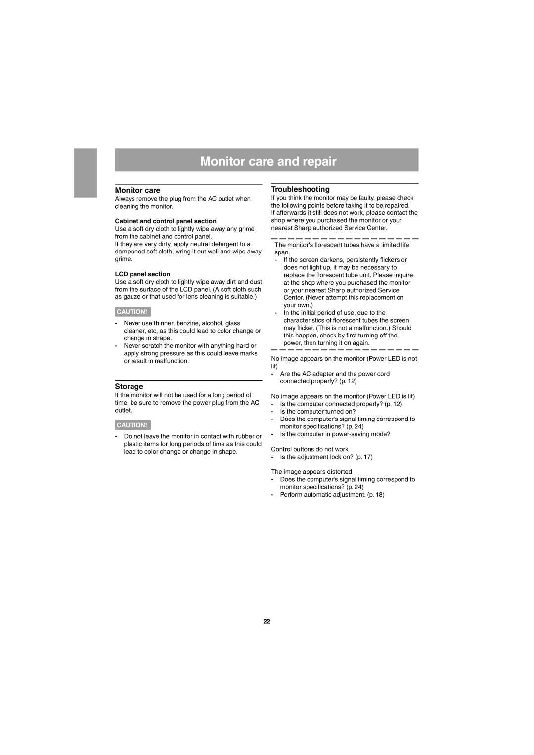 Sharp LL-T15G1, LL-E15G1 operation manual Monitor care and repair, Storage, Troubleshooting 