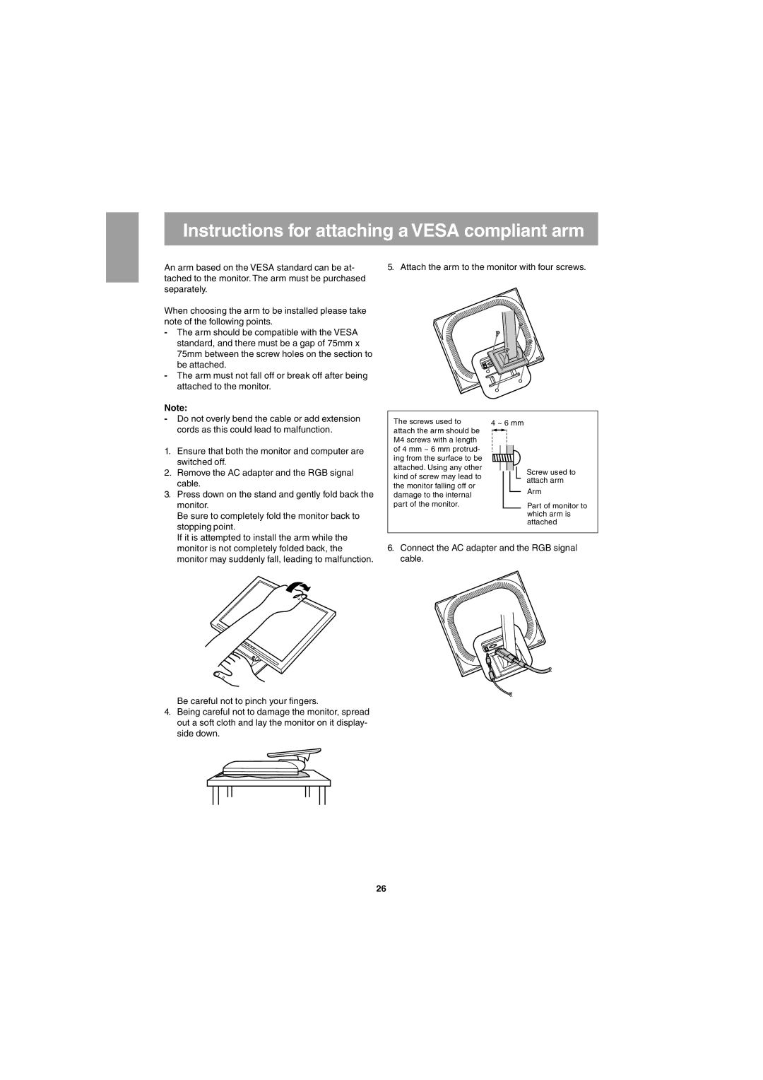 Sharp LL-T15G1, LL-E15G1 operation manual Instructions for attaching a Vesa compliant arm 