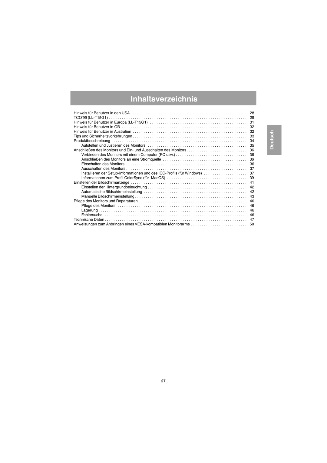 Sharp LL-E15G1, LL-T15G1 operation manual Inhaltsverzeichnis 